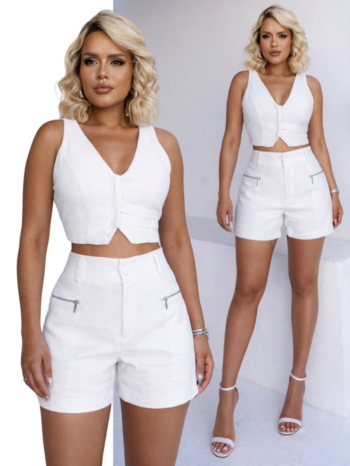 Vista principal Conjunto Feminino Linho Cropped Colete e Shorts 2030 - Branco nv DIVINA GATA azul