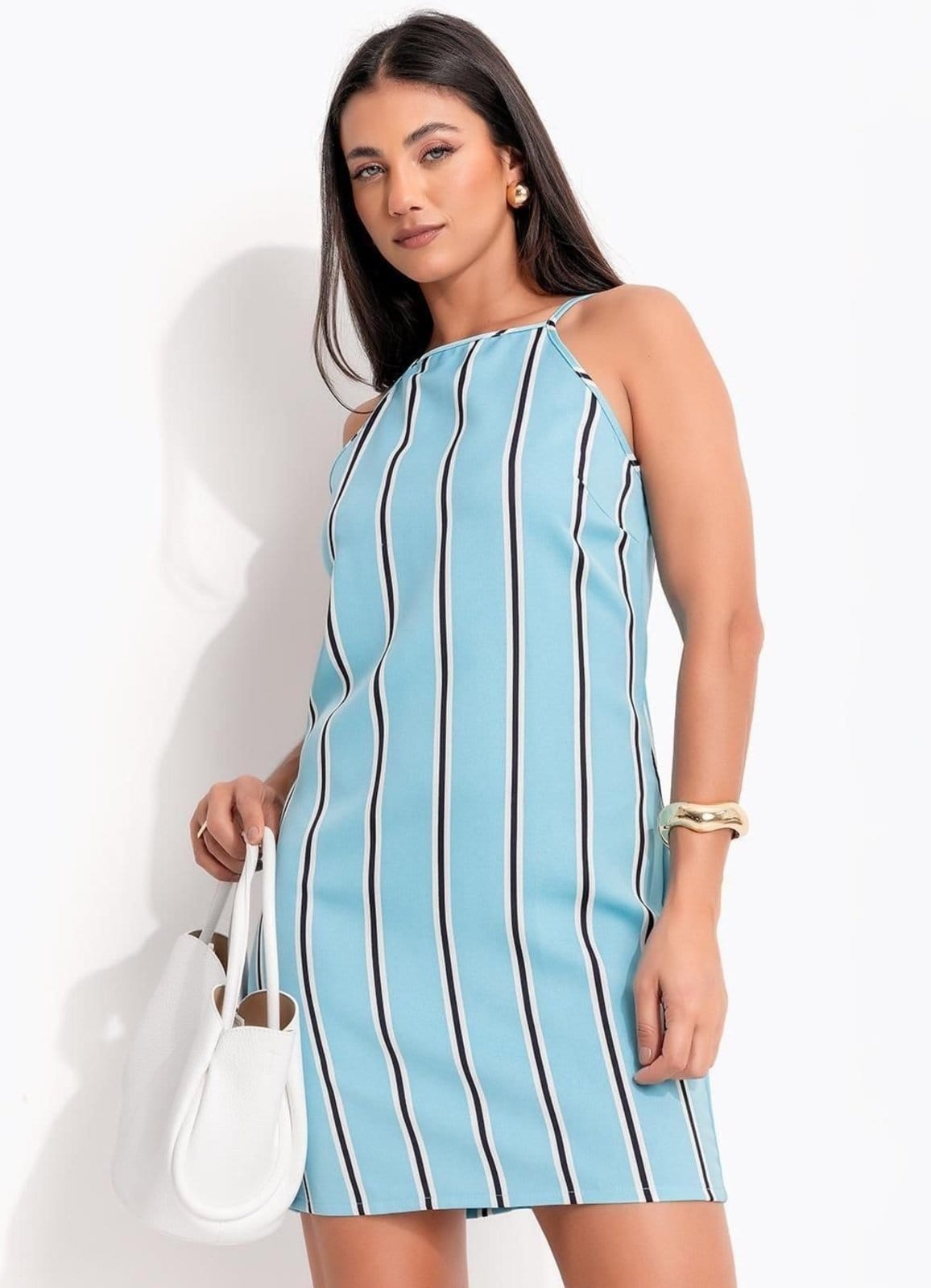 Vestido Em Crepe Plano Quintess Listrado