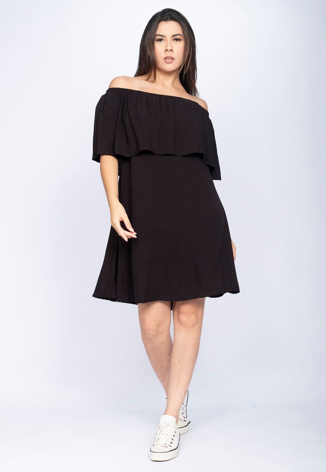 Vista 2 Vestido CabanaFree Curto Kurumí Camisa Viscose Cabanafree preto