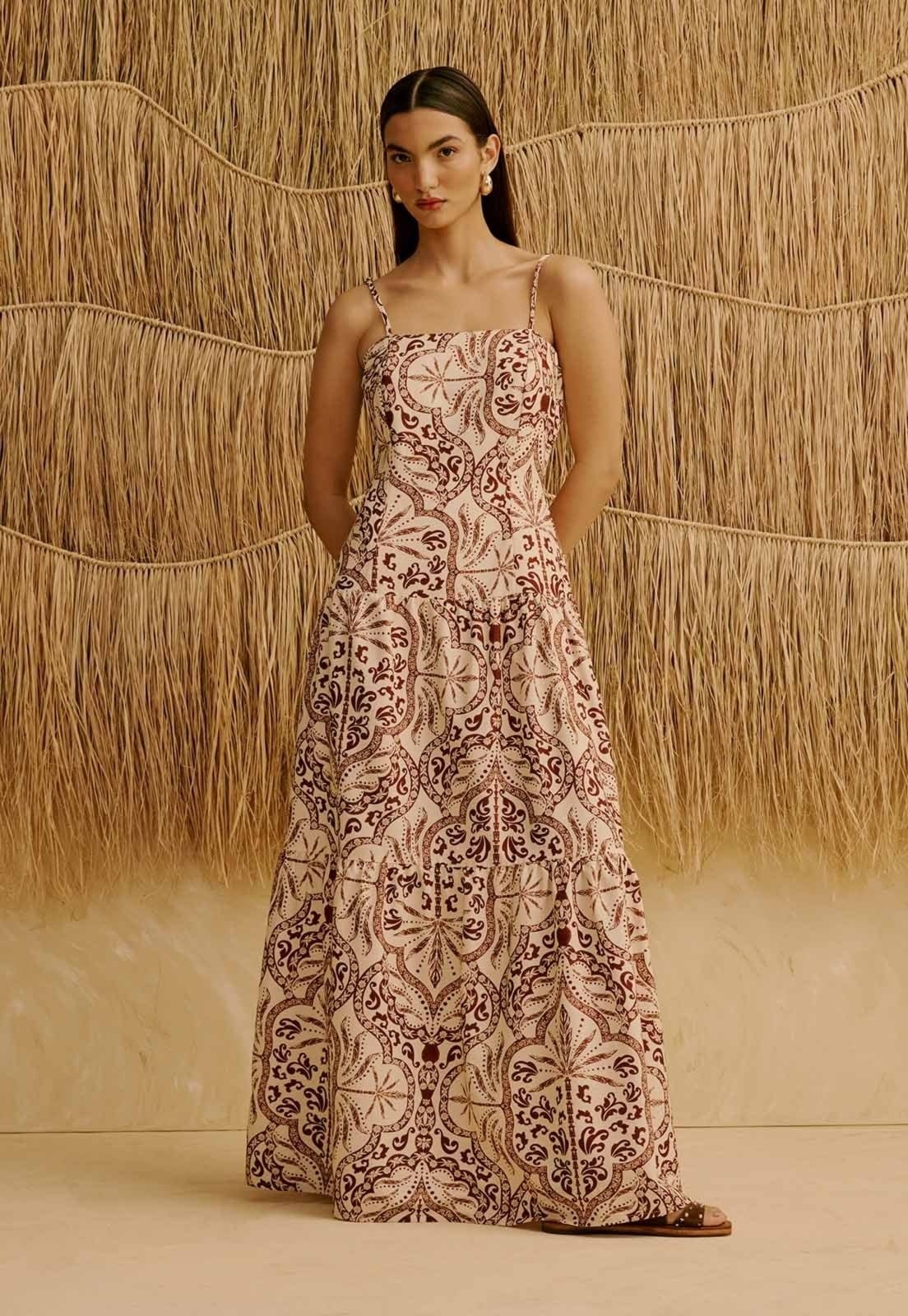 Vestido Longo com Babados Estampado Palmas Del Sol