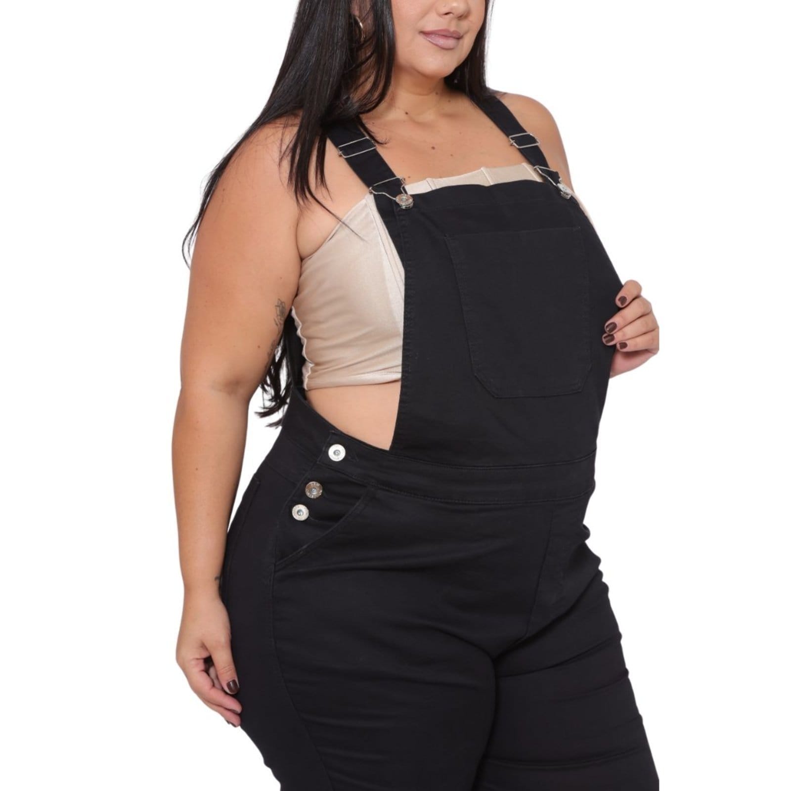 Vista 2 Macacão Feminino Jeans Light Plus Size Curto Collor JEANS LIGHT preto