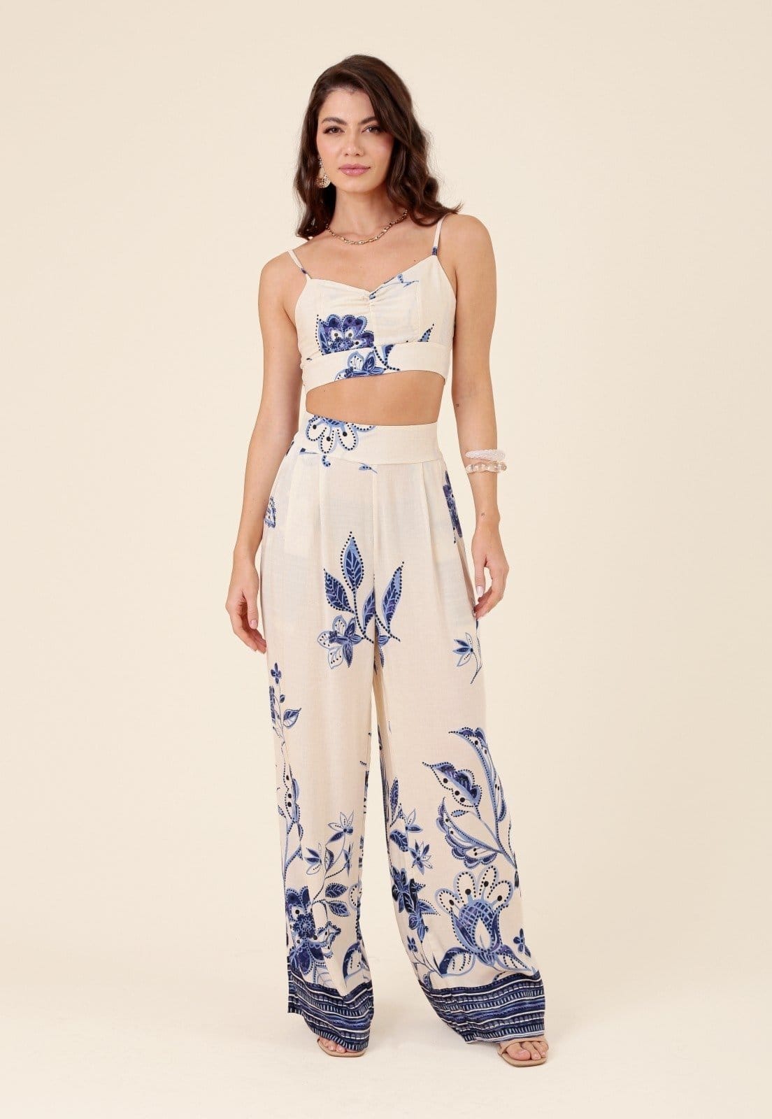 Vista principal Calça Wide Leg Em Viscose Jardim Pop Me azul
