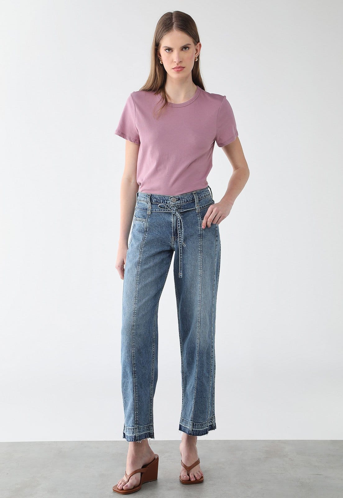 Vista 2 Calça Feminina GAP Cintura Alta Amarração GAP azul