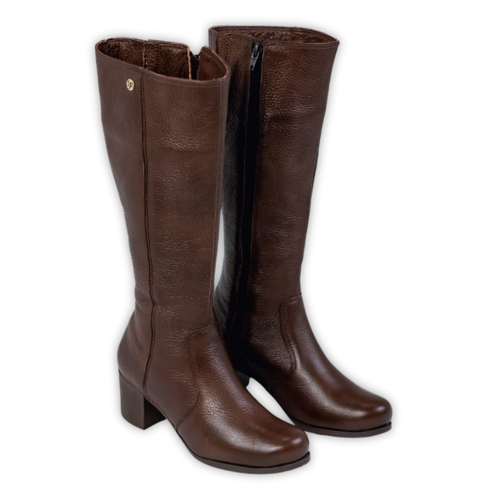 Vista 2 Bota Cano Longo Couro Salto 4 CM Bico Redondo Camel Spinelli caramelo