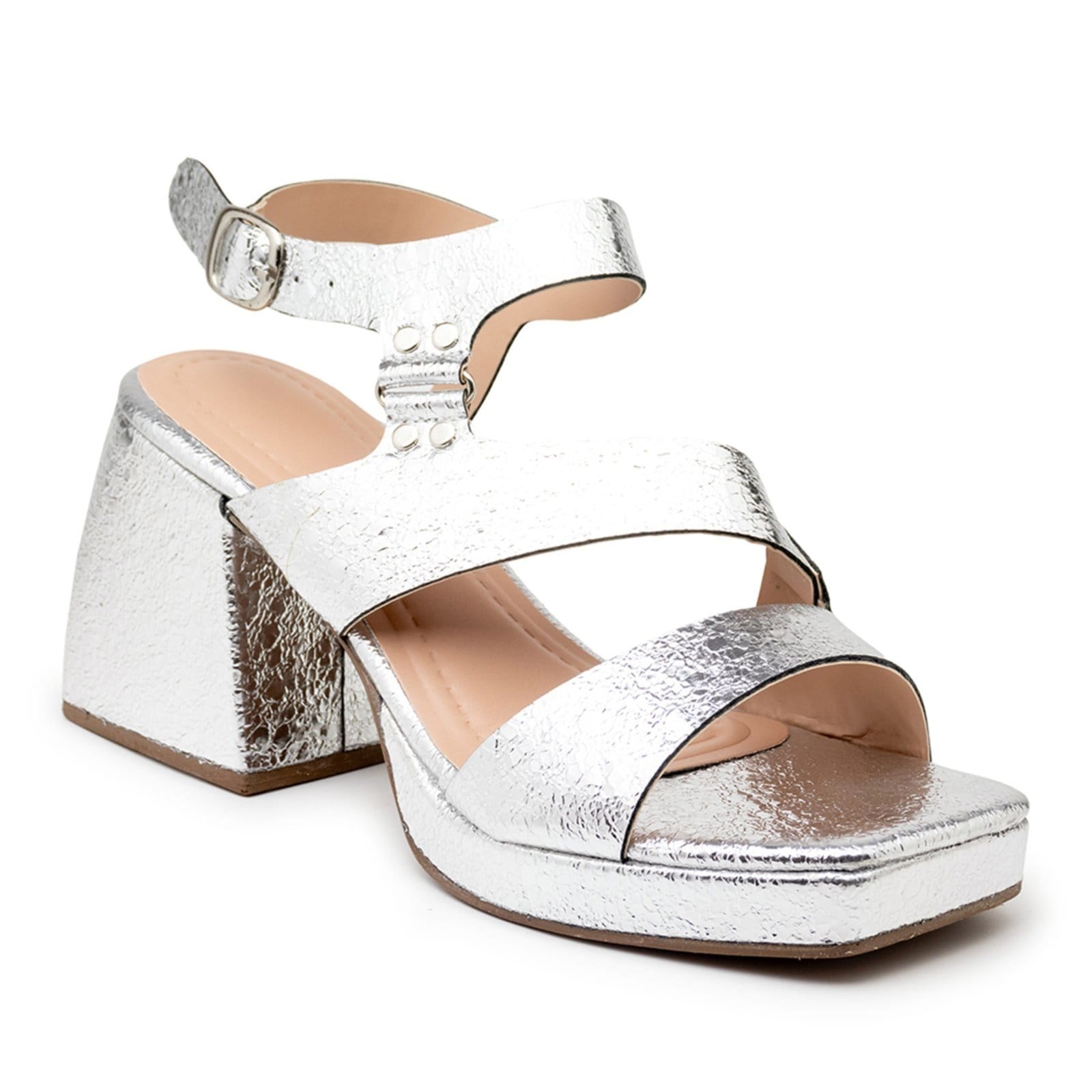 Vista 2 Sandália Feminina Meia Pata Salto Grosso 195009 Essence Prata OFF WHITE Flor da Pele off-white white