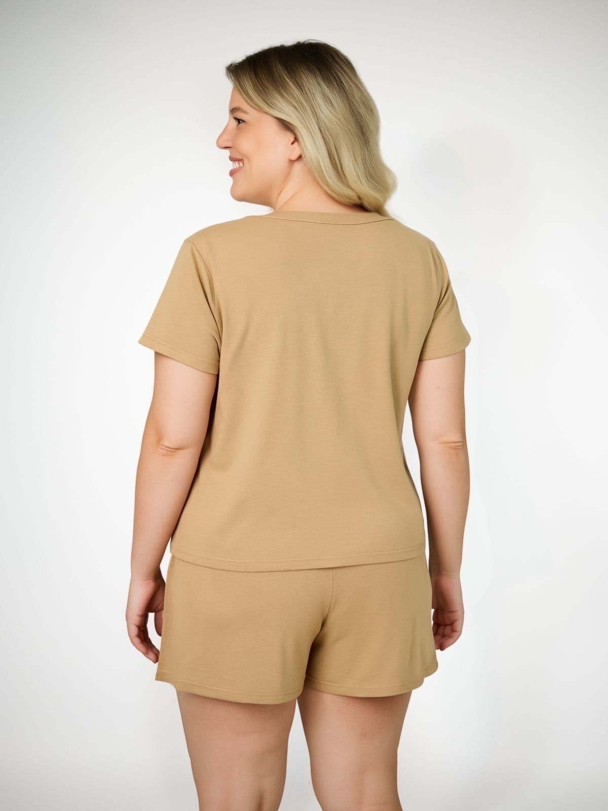 Vista 2 Pijama Algodão Plus Size manga curta Inês - Bege Areia Piante caramelo