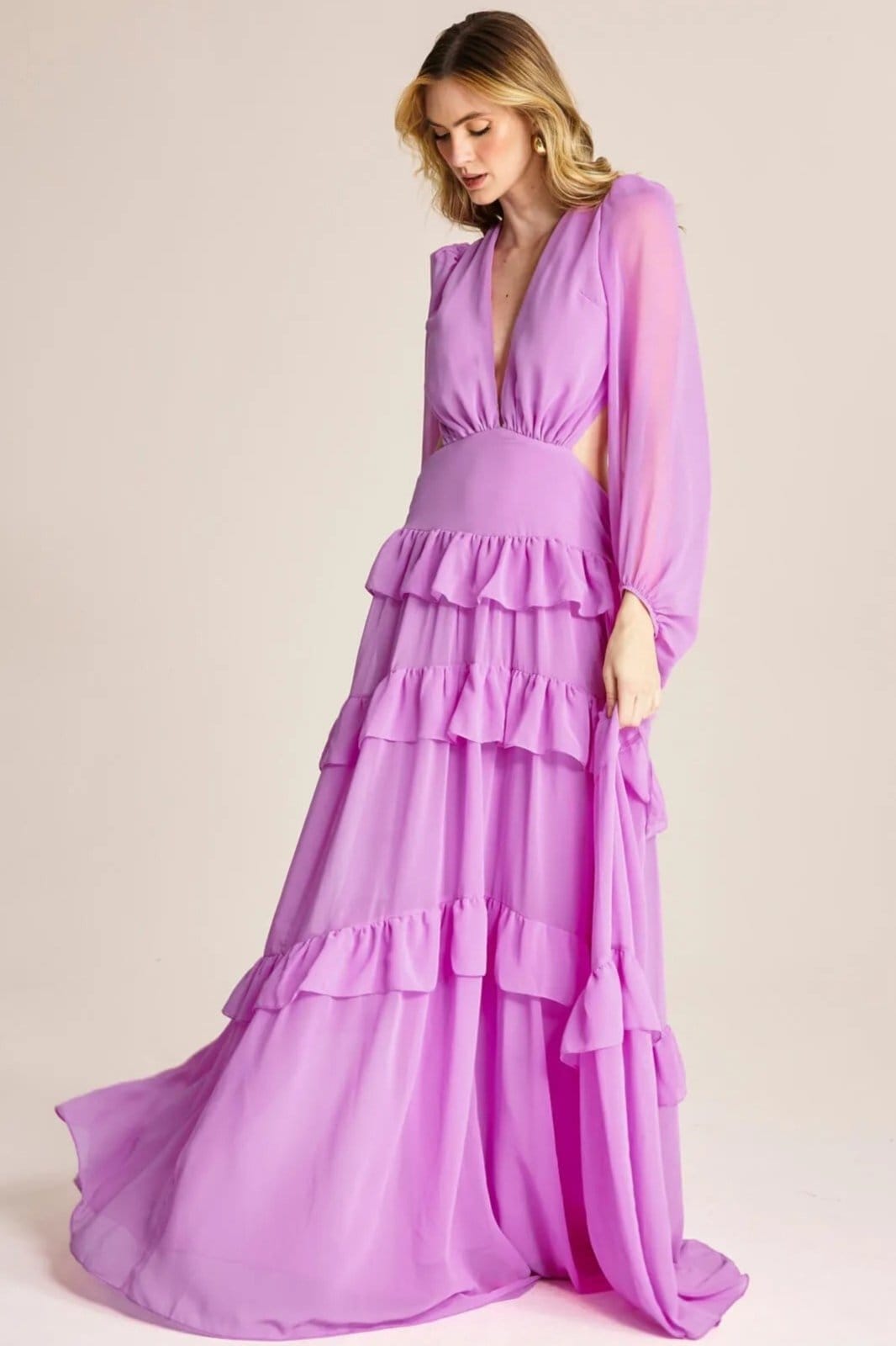 Vestido Longo Em Camadas E Babados Chifon Tina -Festa