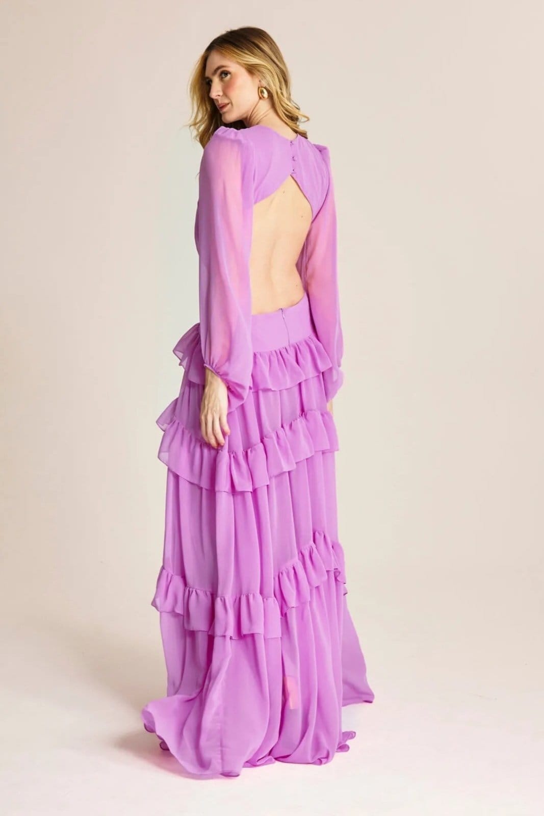 Vista 2 Vestido Longo Em Camadas E Babados Chifon Tina -Festa VIC BRAND pink