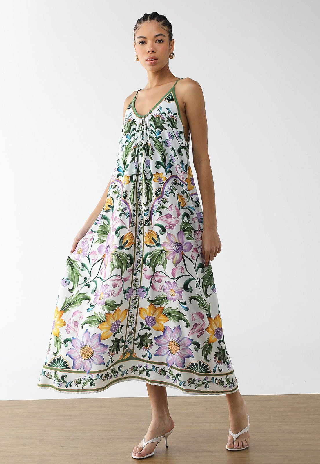 Vestido Feminino FARM Estampa Floral Alças Finas Midi