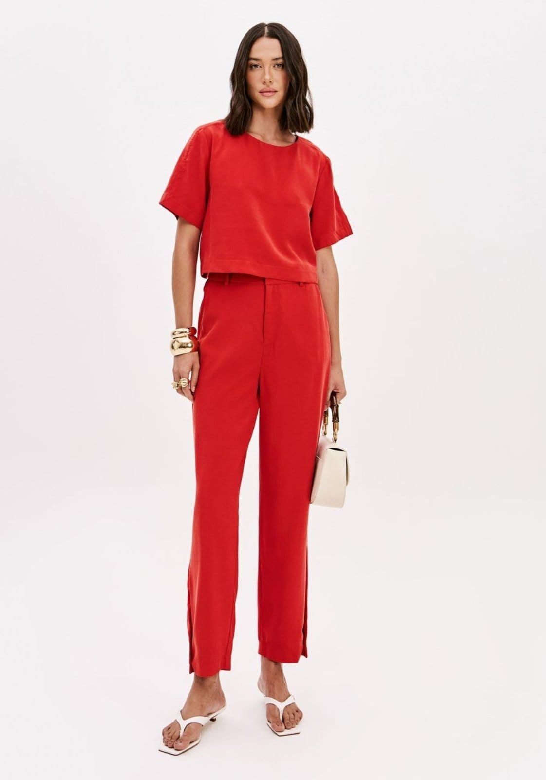 Vista principal Calça Carrot Cintura édia Com Bolsos Lança Perfume vermelho