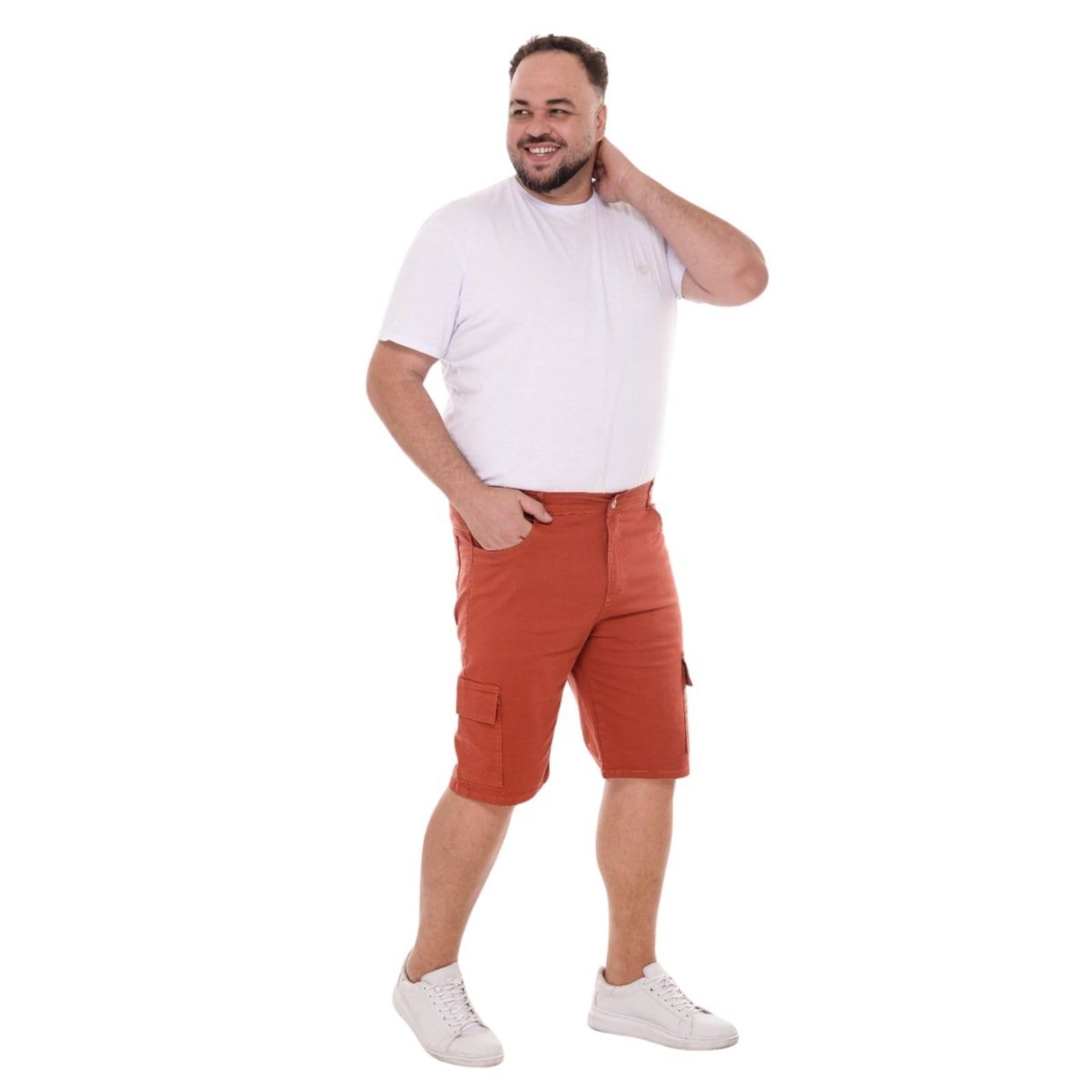 Vista principal Bermuda Cargo Masculina Terracota Jeans Light Plus Size JEANS LIGHT laranja