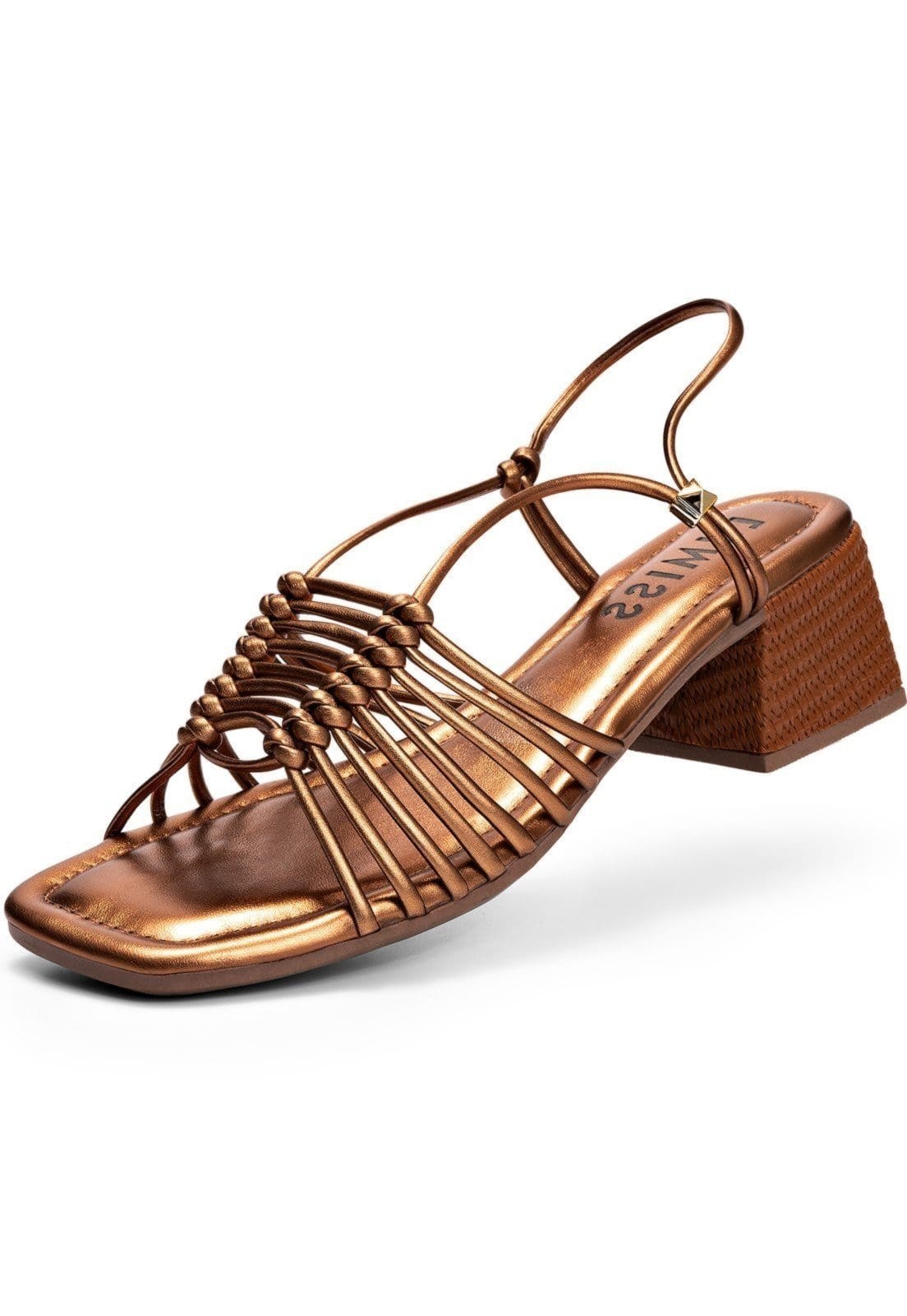 Sandália Feminina Lumiss Salto Bloco Baixo Bico Quadrado Tramado Metalizado