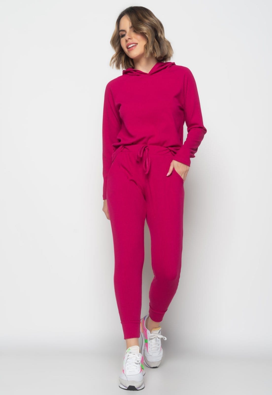 Vista 2 Conjunto Comfy Com Casaco Capuz e Jogger Canelado Salvatore Fashion Salvatore Fashion rosa