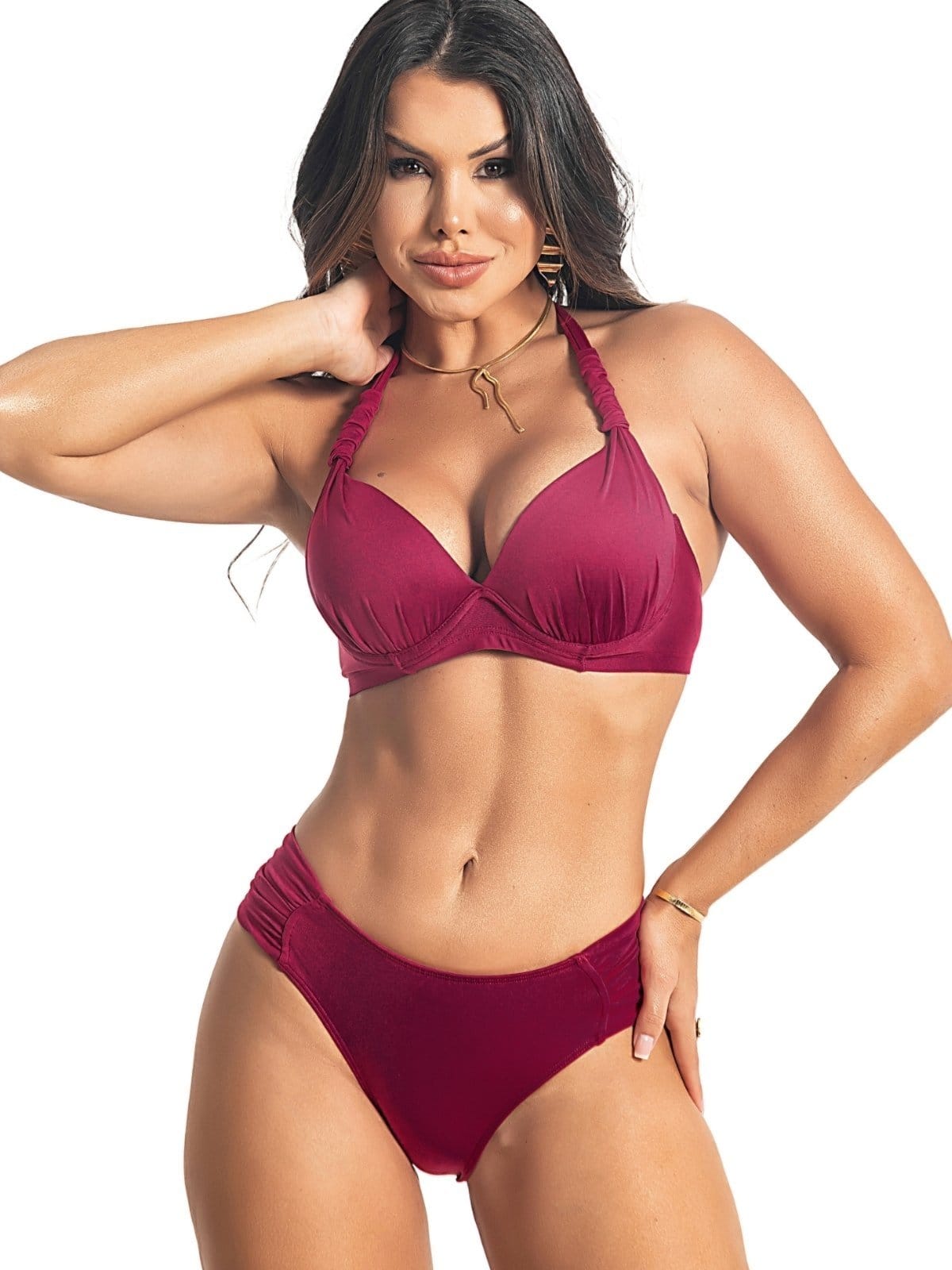 Biquíni com Bojo Meia Taça Orla da Praia Calcinha Drapeada Cintura Média Escuro