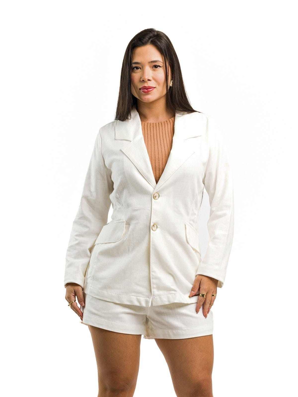 Vista 2 Conjunto Restrito Jeans Blazer e Short Alfaiataria Restrito Jeans branco