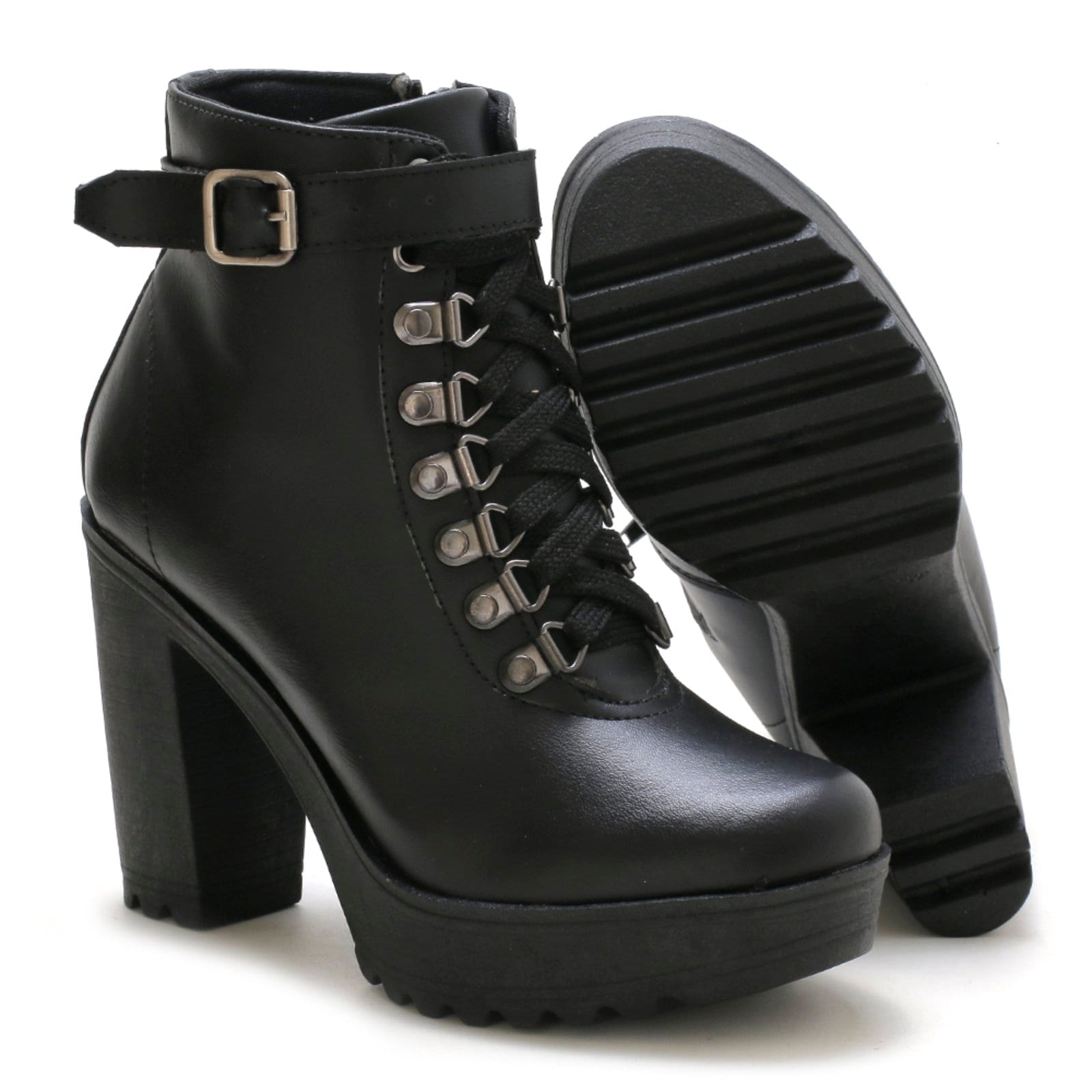 Vista 2 Coturno Feminino Bota Salto Alto Tratorada Fivela Preta Lavini Shoes preto