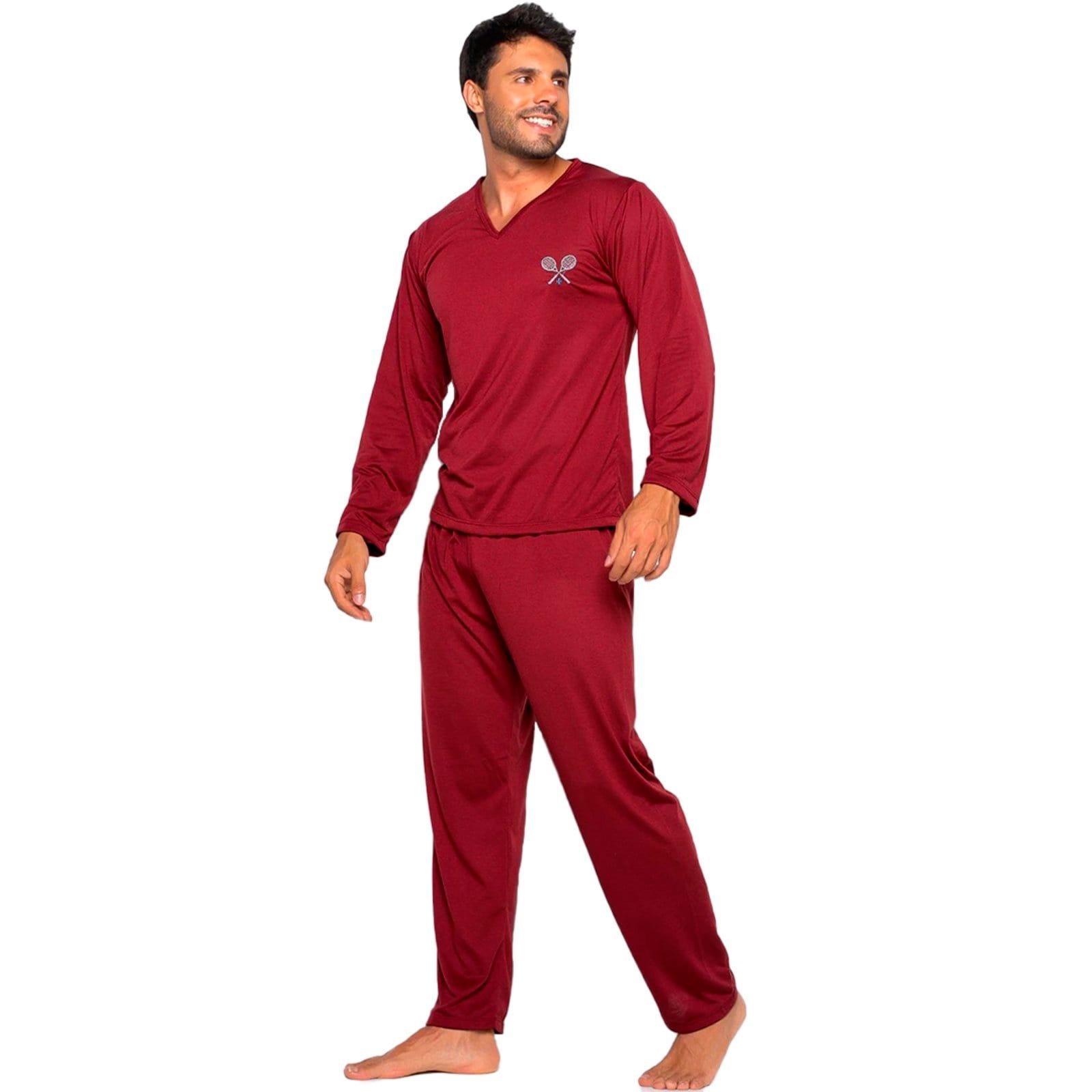 Pijama Masculino Gabi Lingerie Manga Longa Conforto Traje de Dormir Inverno Elegante Liso Rubro