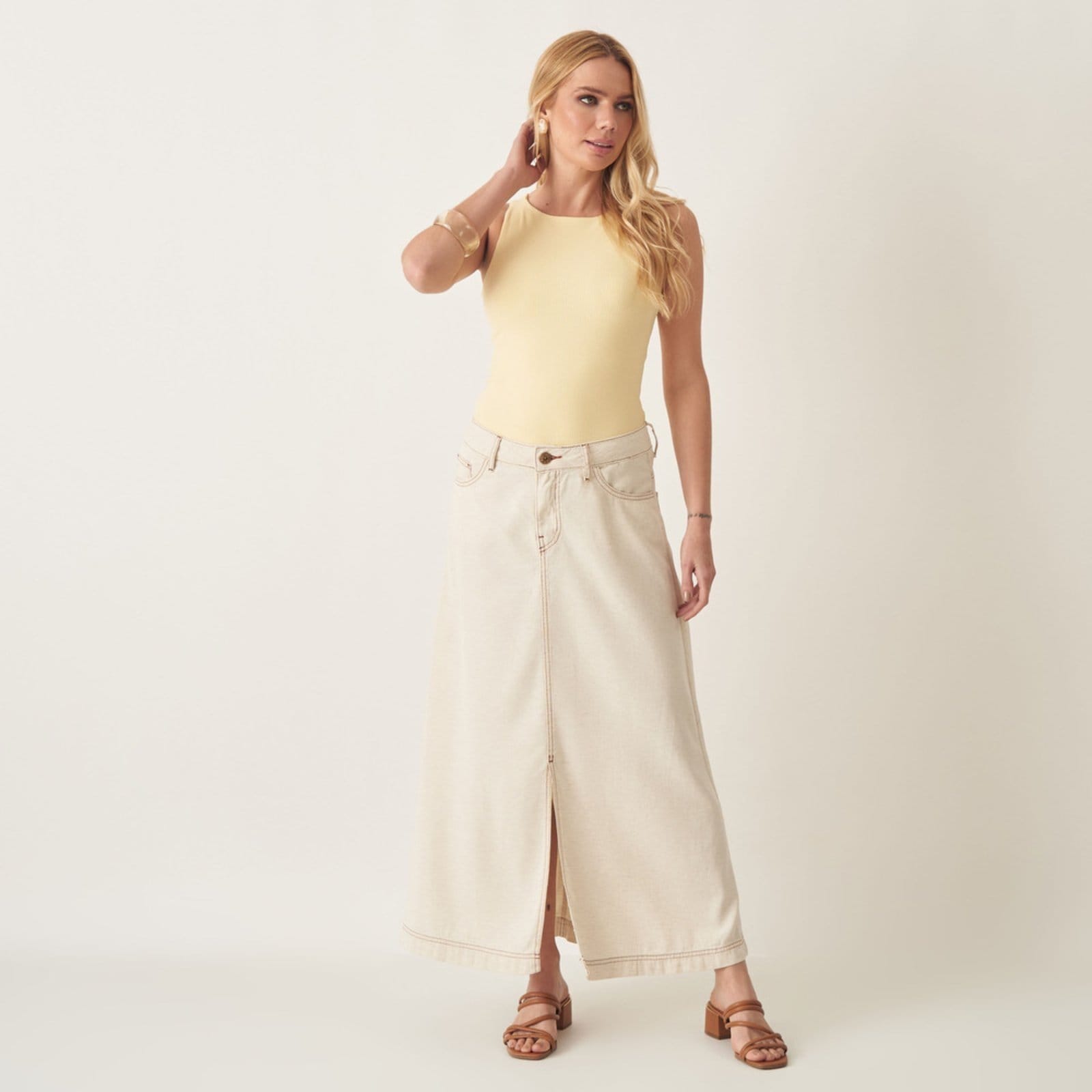 Vista 2 Saia Midi Evasê com Zíper e Fenda Bloom branco