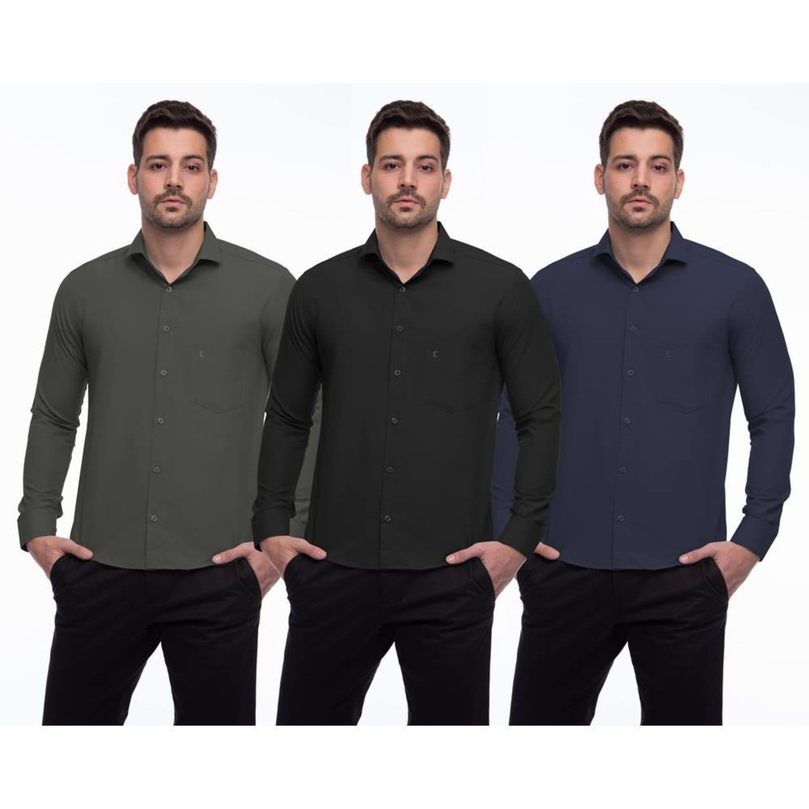 Camisa Social Masculina Manga Longa Lisa Punhos Kit 3