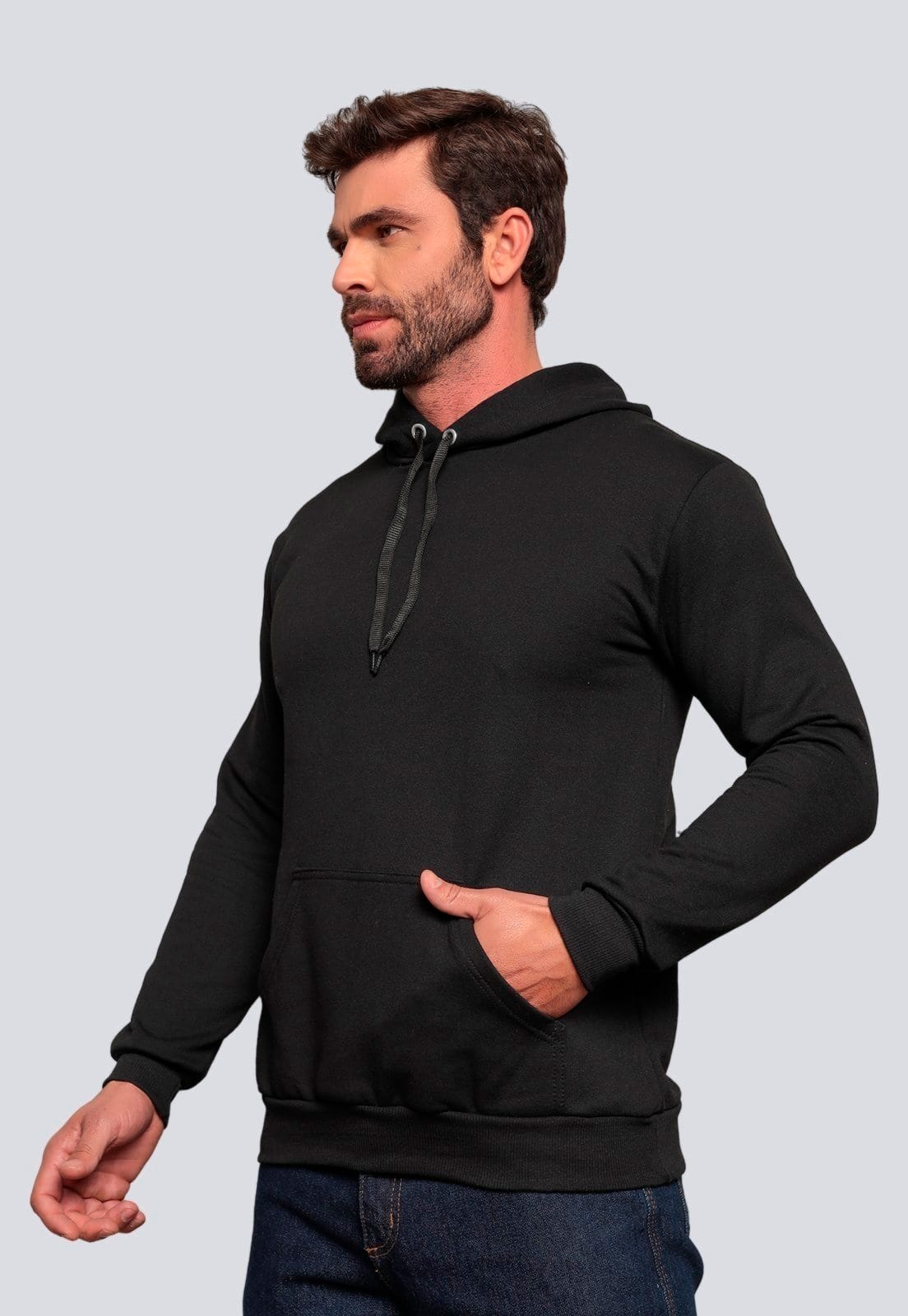 Vista 2 Moletom Masculino Básico Algodão Blusa de Frio Canguru Liso Lucas Lunny preto