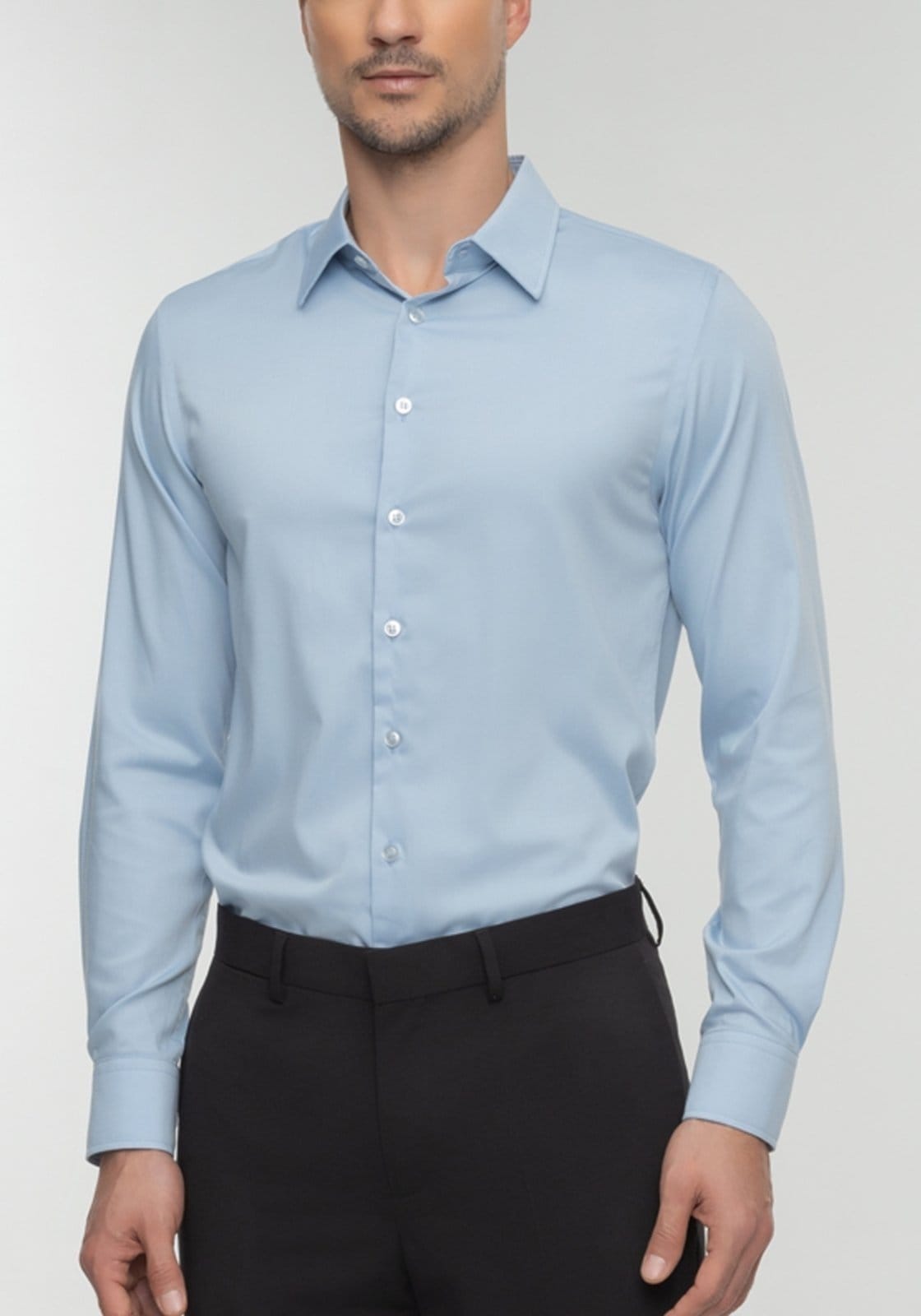 Camisa Alongada De Manga Longa Slim Fit Com Colarinho Inglês