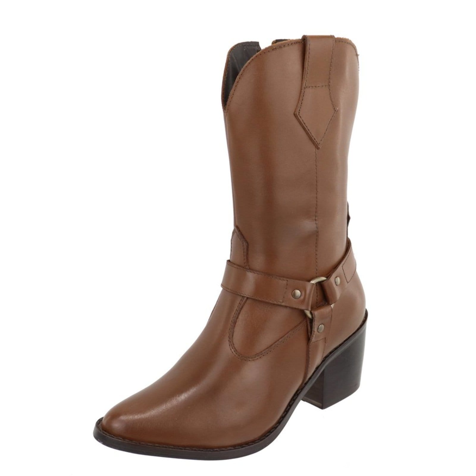 Vista principal Bota em Couro Western Texana Bico Fino Country Conhaque TELLINI STORE caramelo