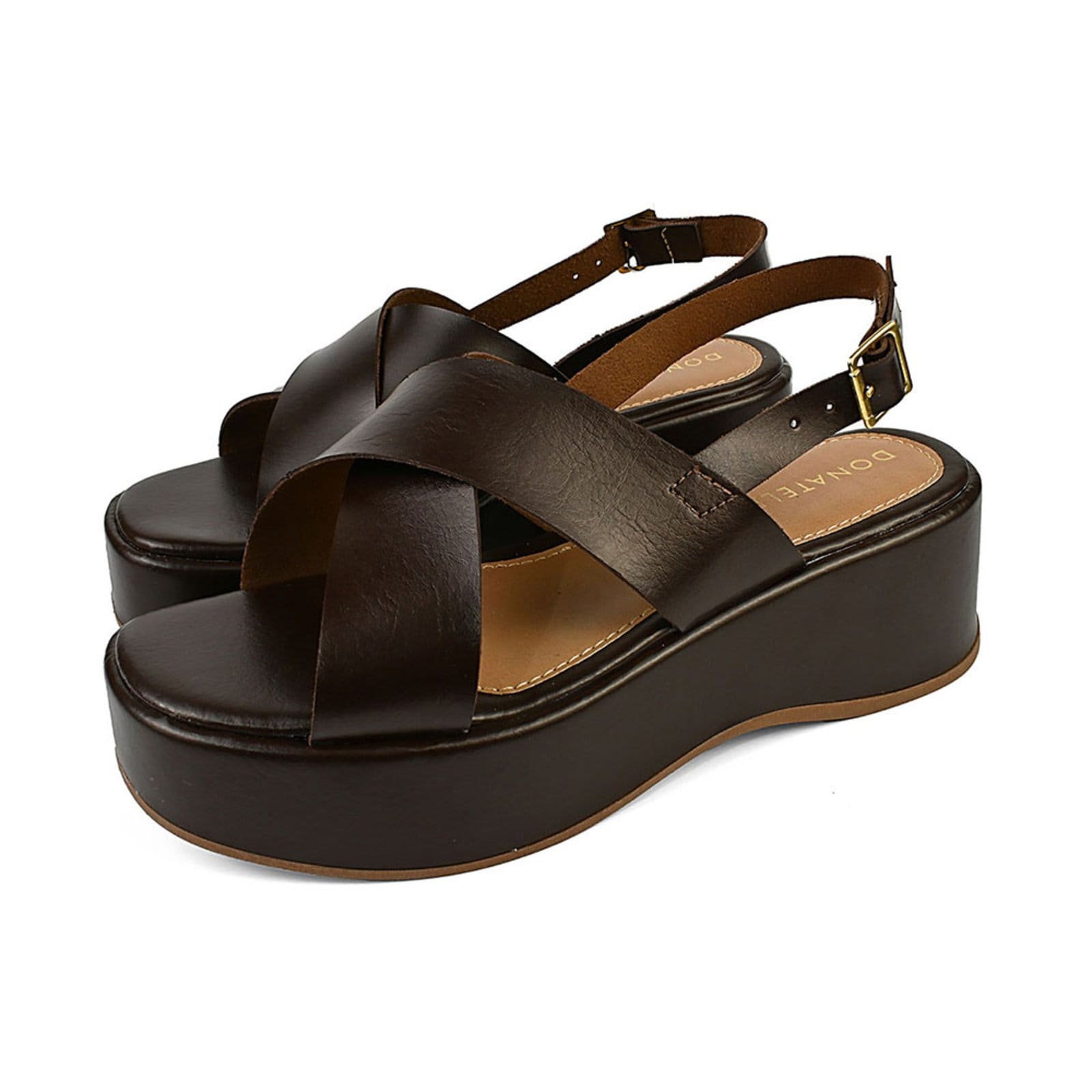 Sandalia Feminina Plataforma Anabela Donatella Shoes Bico Redondo Cruzada Fivela Sola Alta