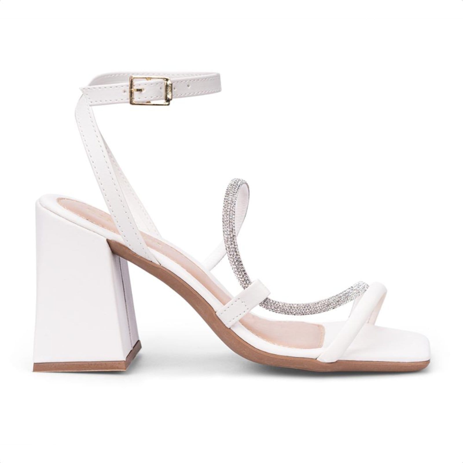 Vista 2 Sandália Off White Salto Grosso Bloco Tiras Duplas De Strass Tornozelo Fivela Domidona off-white white