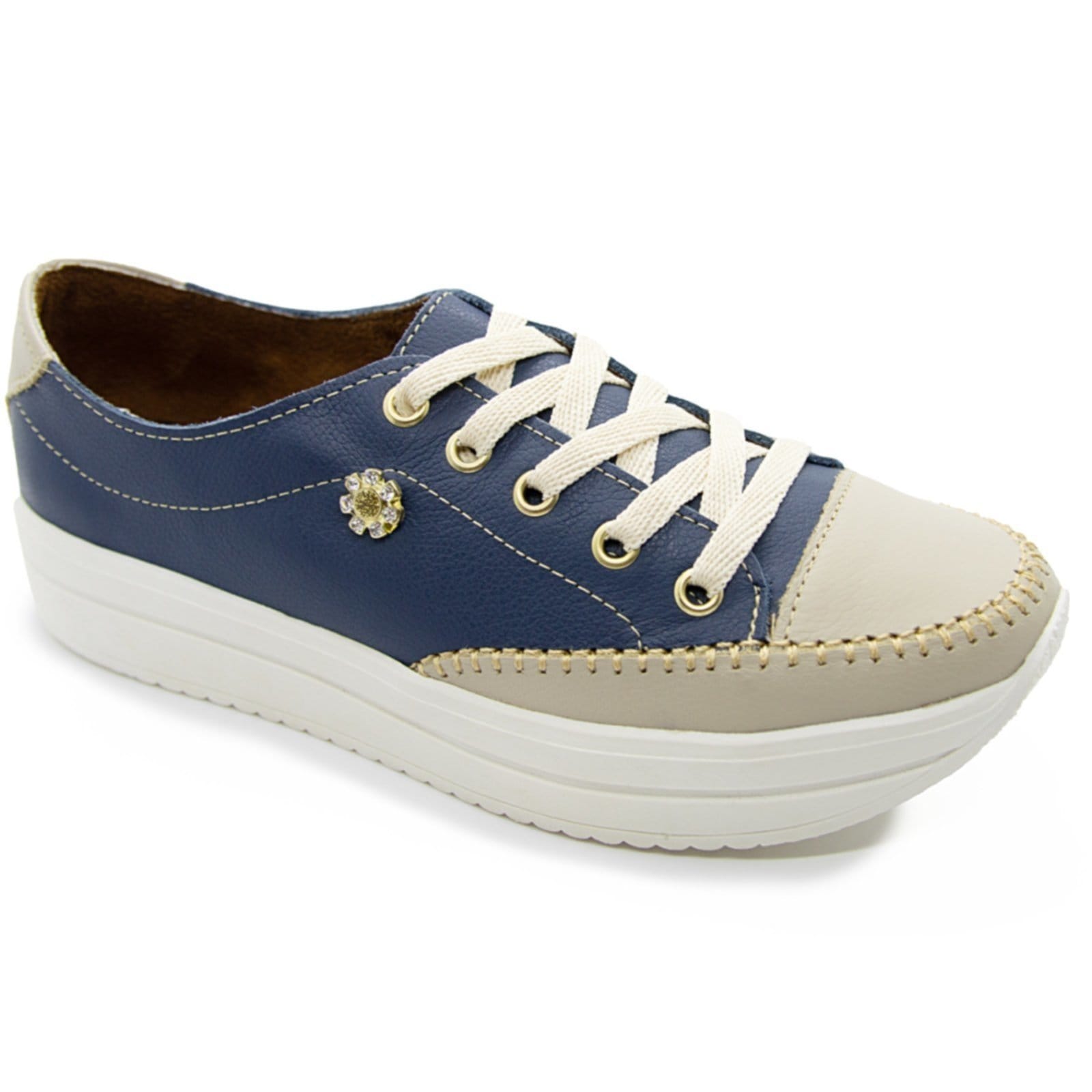 Vista principal Tênis Sapatênis Paola Ferrara - COURO - TODO FORRADO 2024 - cod807 - Azul com diRavena azul marinho/bege