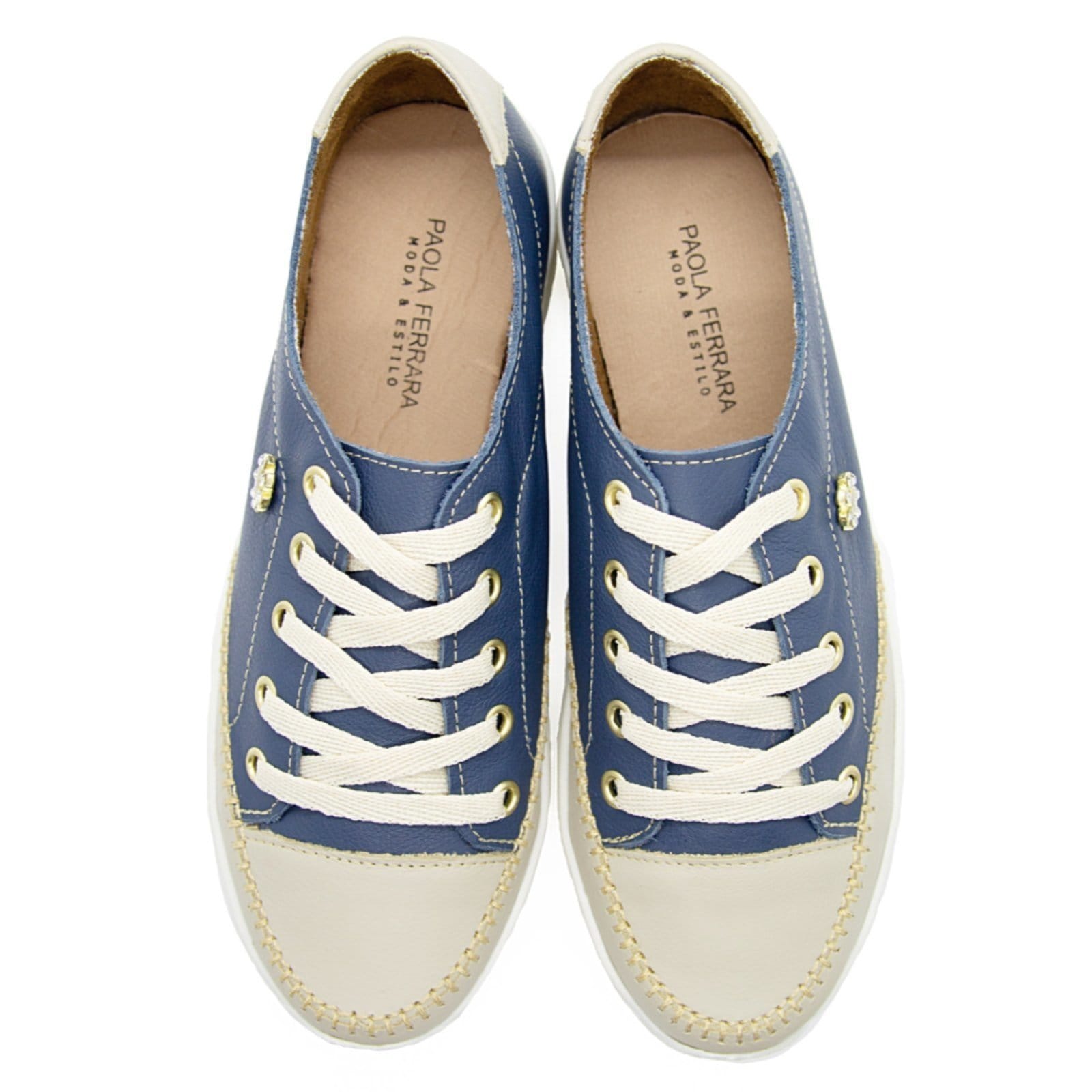 Vista 2 Tênis Sapatênis Paola Ferrara - COURO - TODO FORRADO 2024 - cod807 - Azul com diRavena azul marinho/bege
