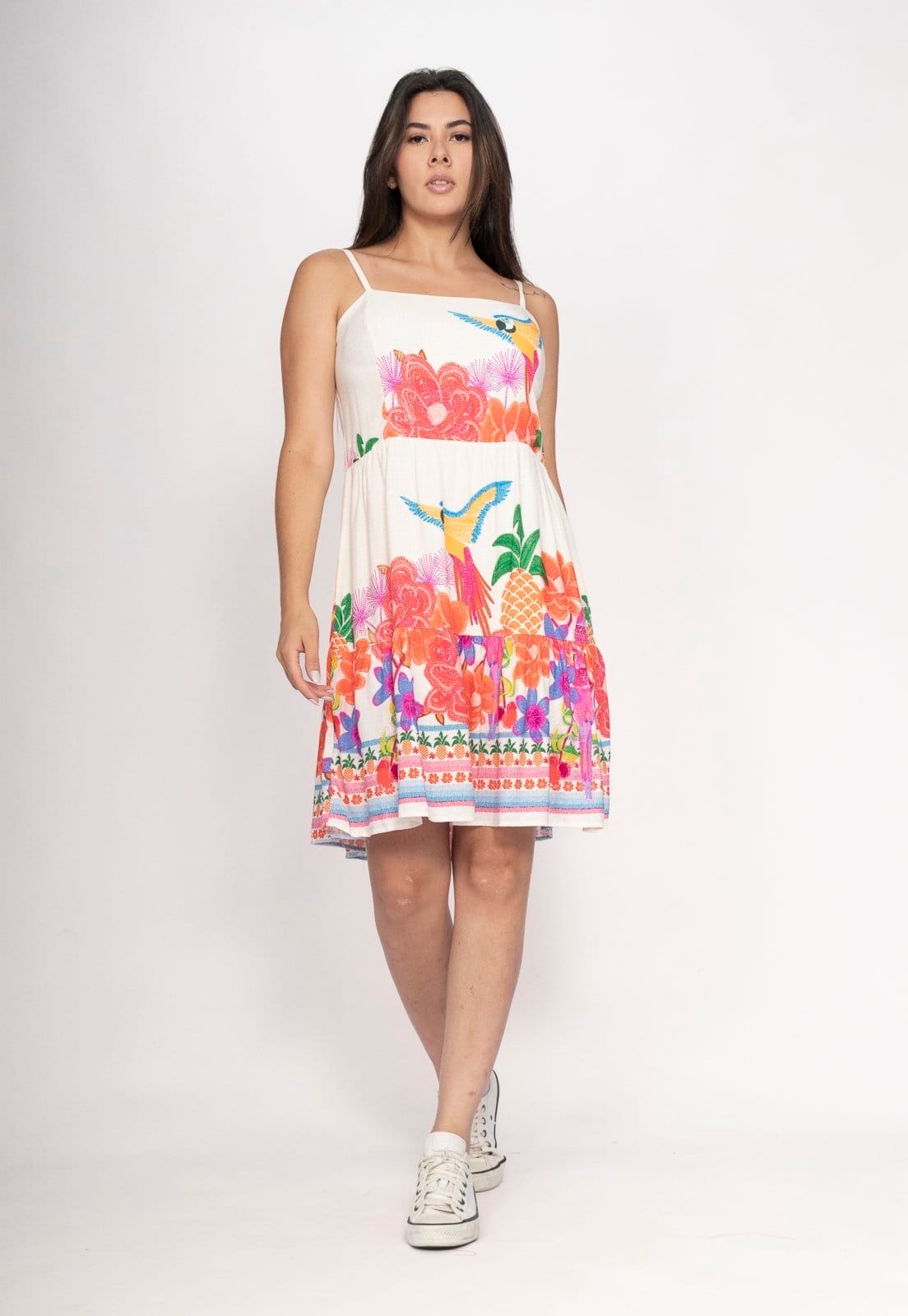 Vista 2 Vestido CabanaFree Curto Alça Fina Estampa Raízes em Festa Cabanafree estampado