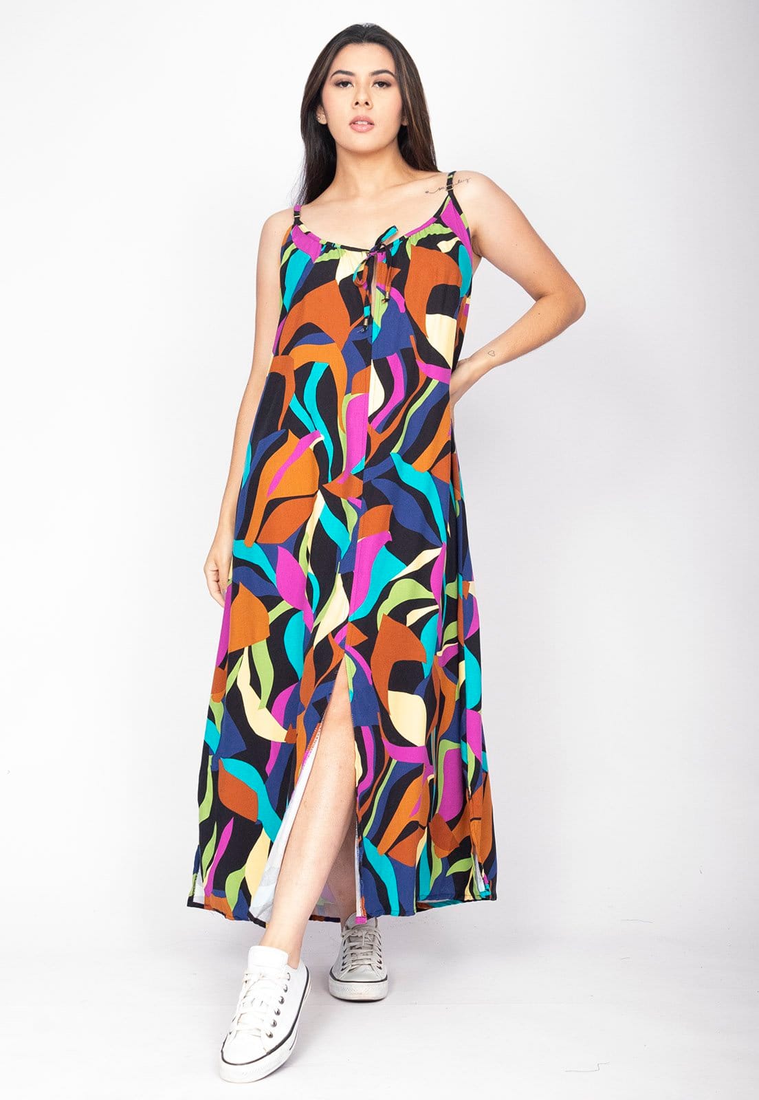 Vista 2 Vestido Longo Cabanafree Caçuá Viscose Alça Fina Estampa Aurora Urbana Cabanafree amarelo/azul/estampado/marrom/verde