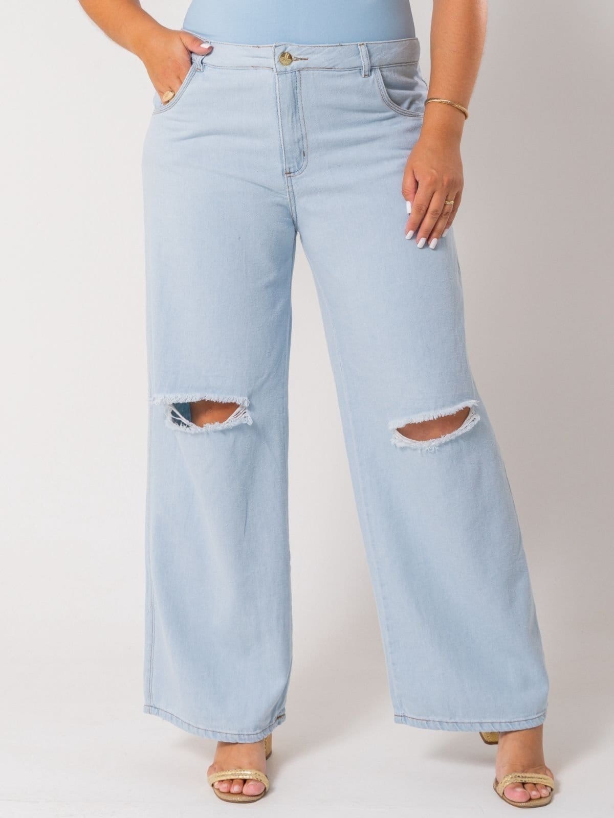 Calça Donna De Paula Wide Leg Com Rasgo No Joelho Cintura Alta