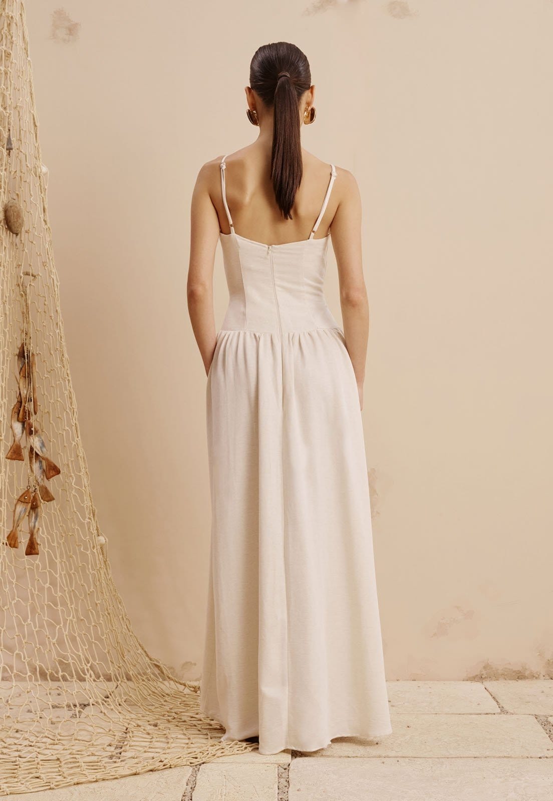 Vista 2 Vestido Longo Drop Waist CaCay verde militar