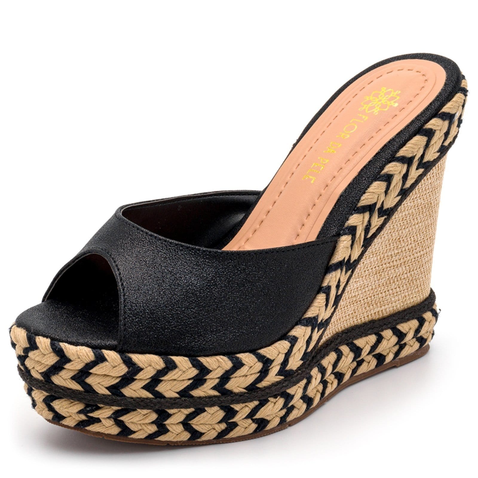 Vista 2 Sandalia Tamanco Feminino Anabela com Sisal Napa Cintilante Lançamento Sete Sales preto