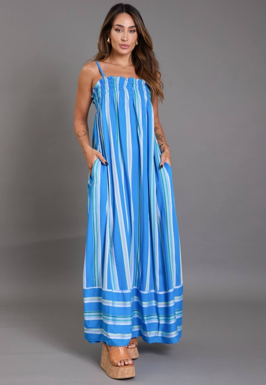 Vestido Longo Listrado Alças Finas VHF Variedades Estiloso