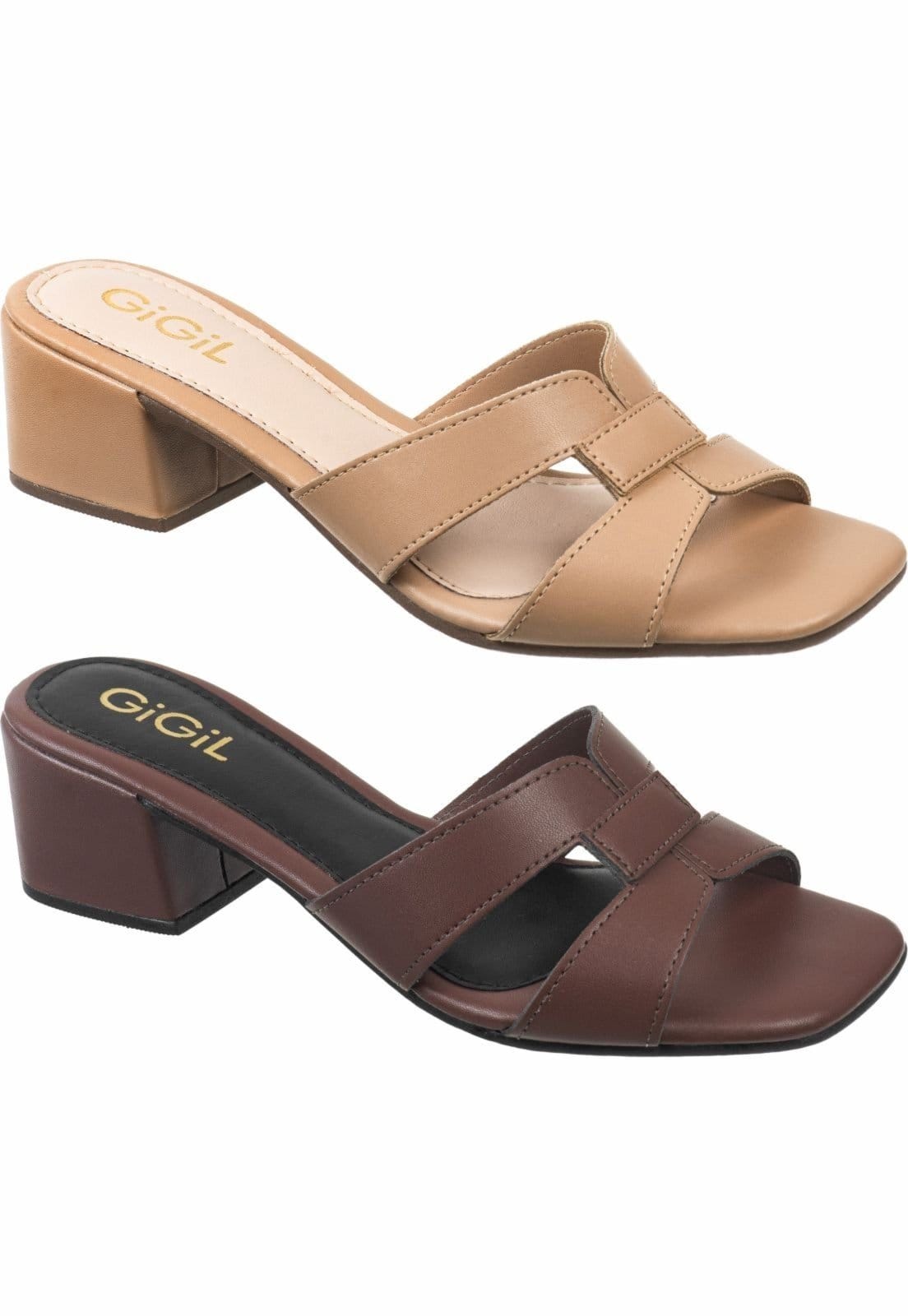 Kit 2 Pares Sandália Tamanco Feminimo GiGiL Tiras H Salto Bloco Bico Quadrado Palha/Terra