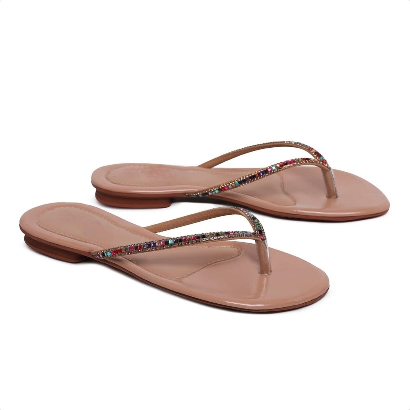 Vista 2 Rasteirinha Chinelo Feminino Nude Bege Verniz Tira De strass Brilho 34 ao 43 Carmelo Shoes Casual Festa Praia Verão Moda CARMELO SHOES bege nude