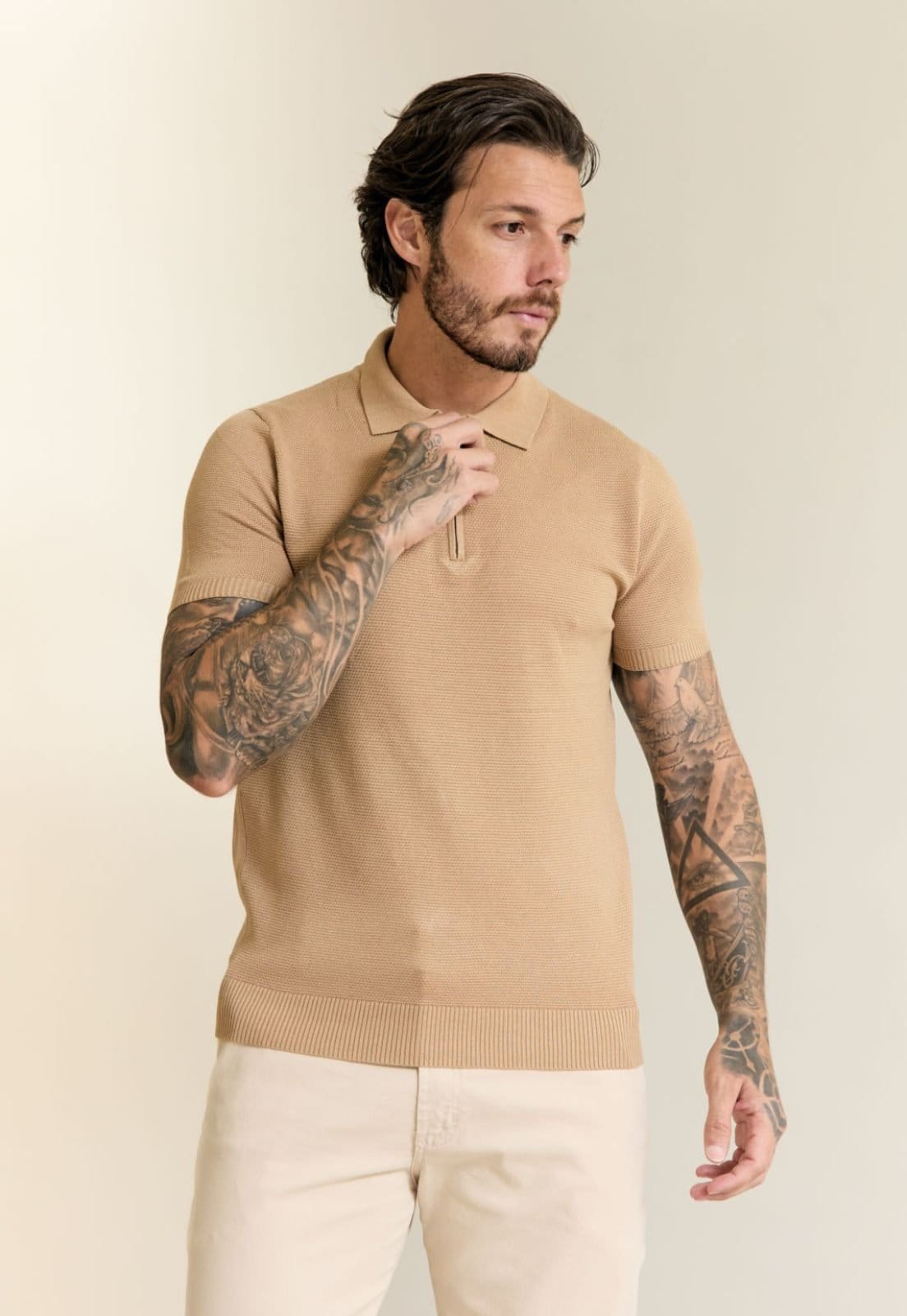 Camisa Tricot Gola Polo com Zíper Caqui