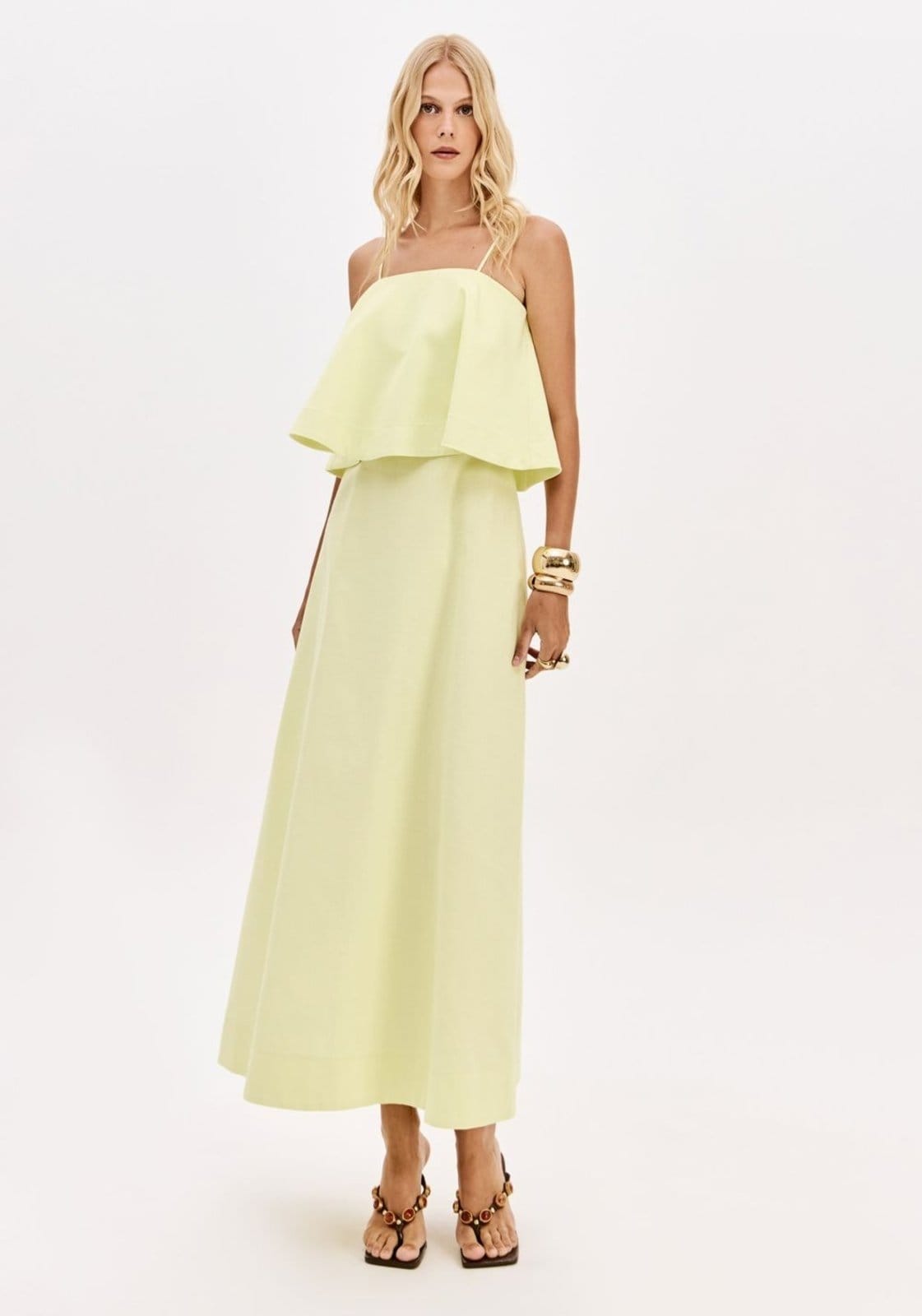 Vista principal Vestido Super Midi De Alças Com Sobreposição Lança Perfume amarelo