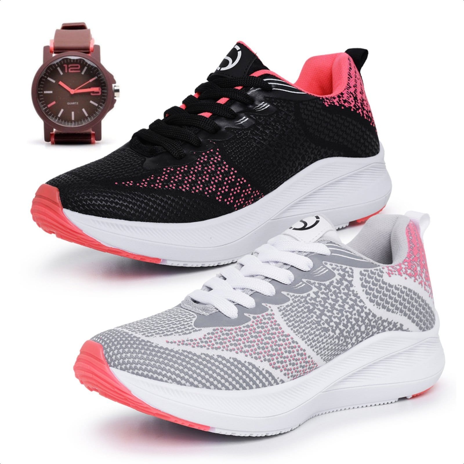 Kit 2 Tênis Feminino Esportivo Ousy Shoes Treino Caminhada Academia Leve Confortável Combo Mais Relógio