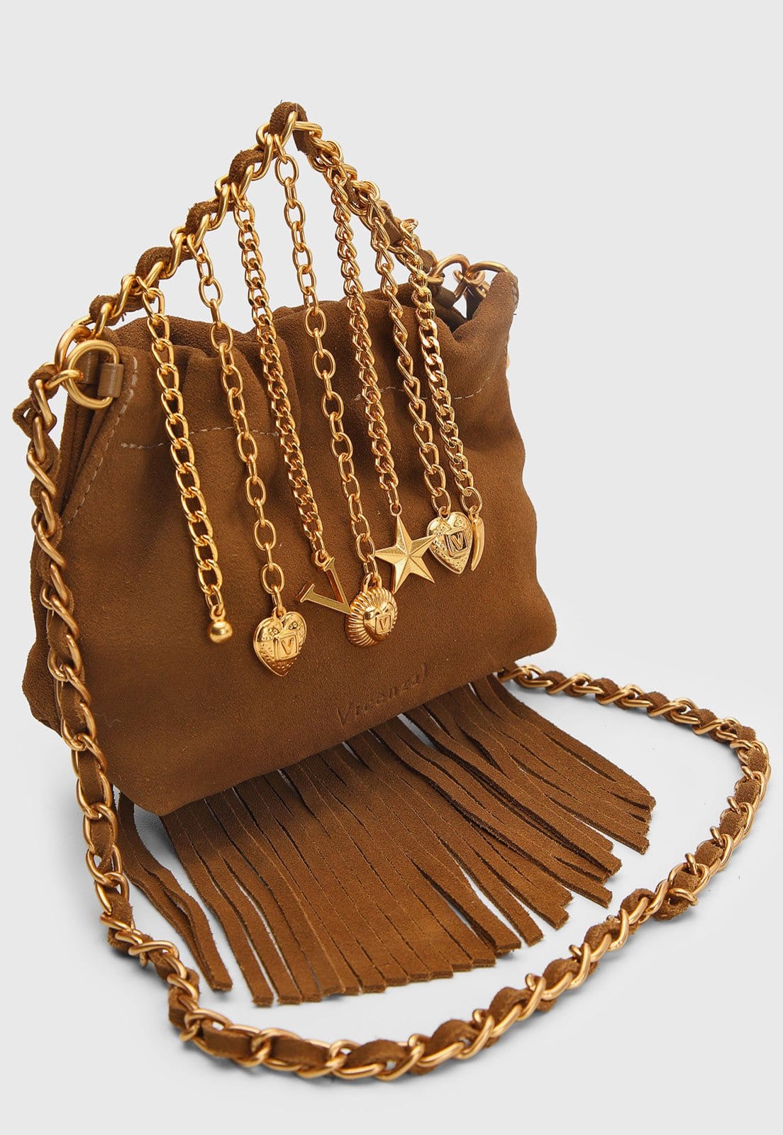 Vista 2 Bolsa Média Feminina Vicenza Franjas e Charms Vicenza caramelo