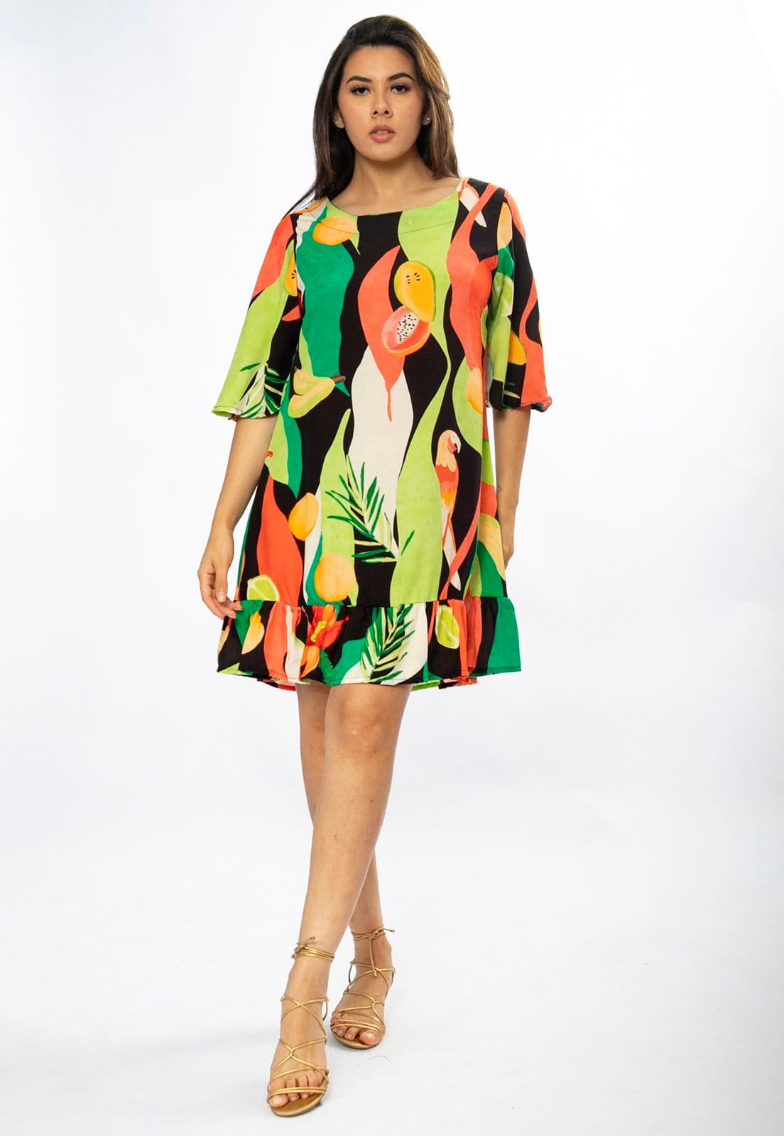 Vista 2 Vestido Amazonia Vital Curto Viscose Estampa Festival Tropical Amazonia Vital amarelo/estampado/laranja/verde