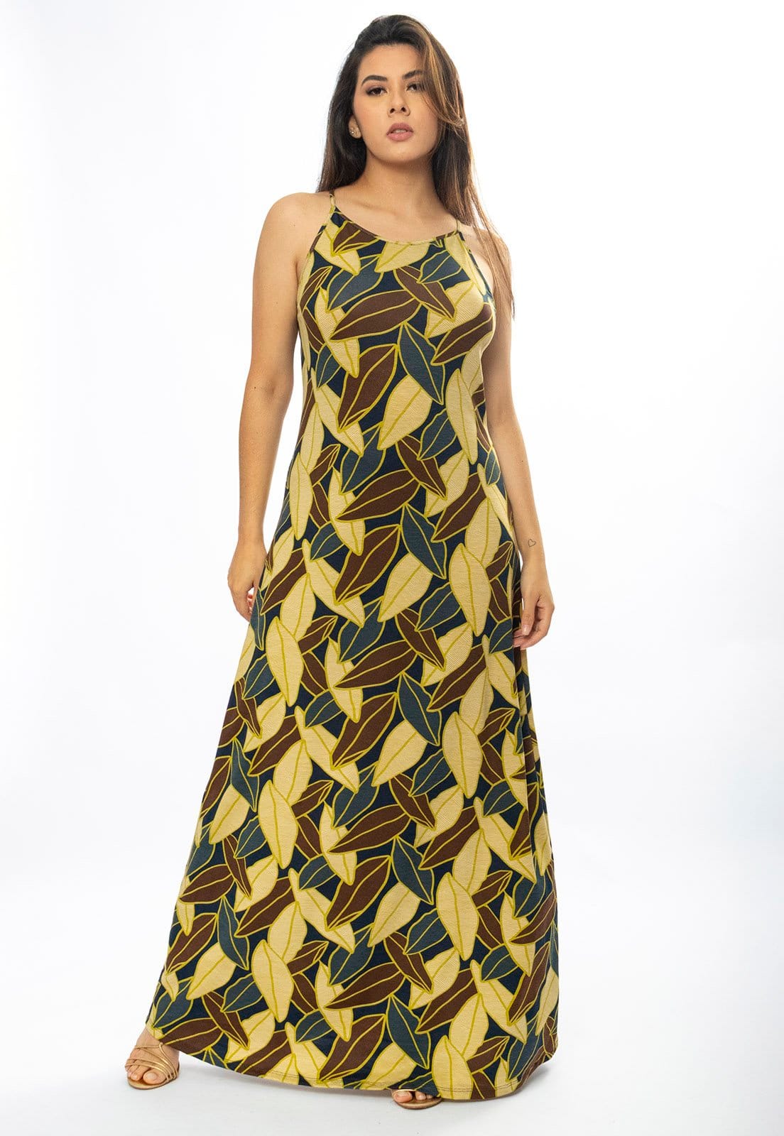 Vista 2 Vestido Longo Cabanafree Malha Trapézio Folhas de Outono Cabanafree estampado/marrom