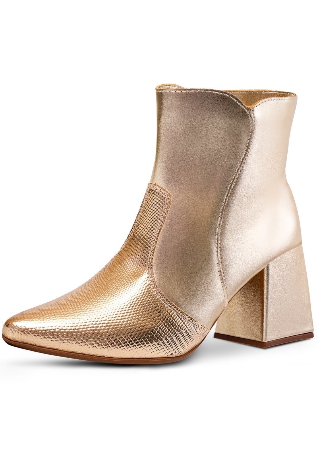 Vista principal Bota Feminina Salto Bloco Lumiss Western Bico Fino Texana Cano Curto Metalizado LUMISS dourado