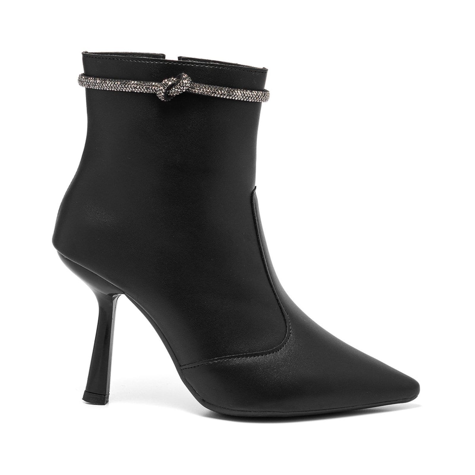 Vista principal Bota Feminina Stessy Shoes Cano Curto Bico Fino Salto Alto Strass Brilho Preta Stessy Shoes prata velho