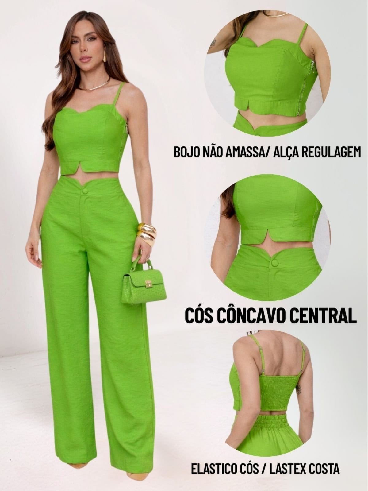 Vista 2 Conjunto Feminino Alfaiataria Divina Gata Cropped e Calça Pantalona Tanqueray DIVINA GATA verde
