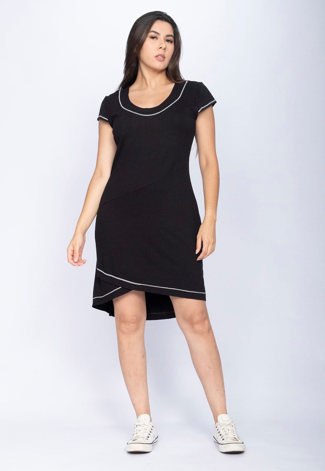 Vista 2 Vestido CabanaFree Mullet Malha Transpassado com Detalhe Branco Cabanafree preto