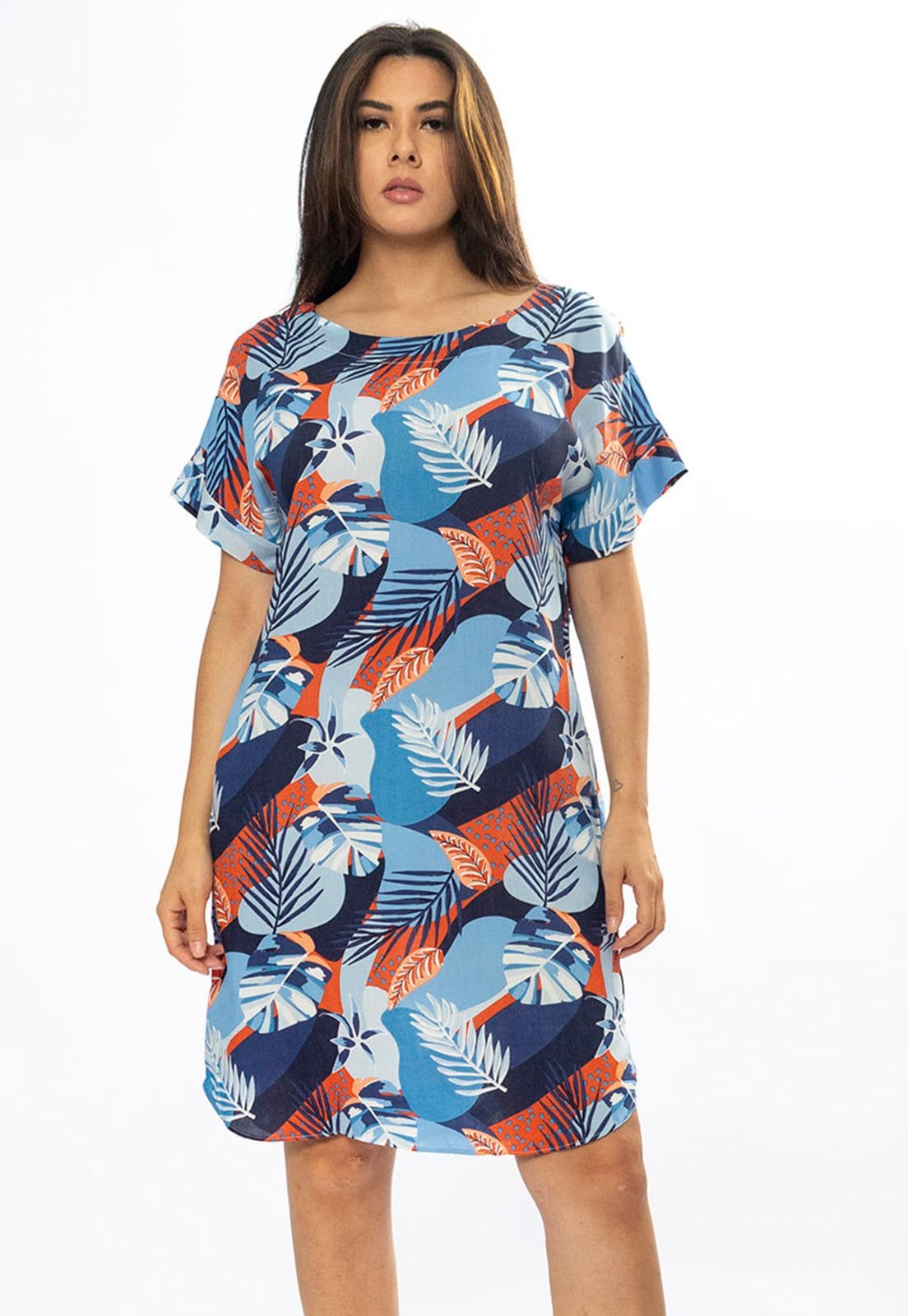 Vista principal Vestido Curto Cabanafree Viscose com Bolso Estampa Jardim Celeste Cabanafree estampado/vermelho celeste