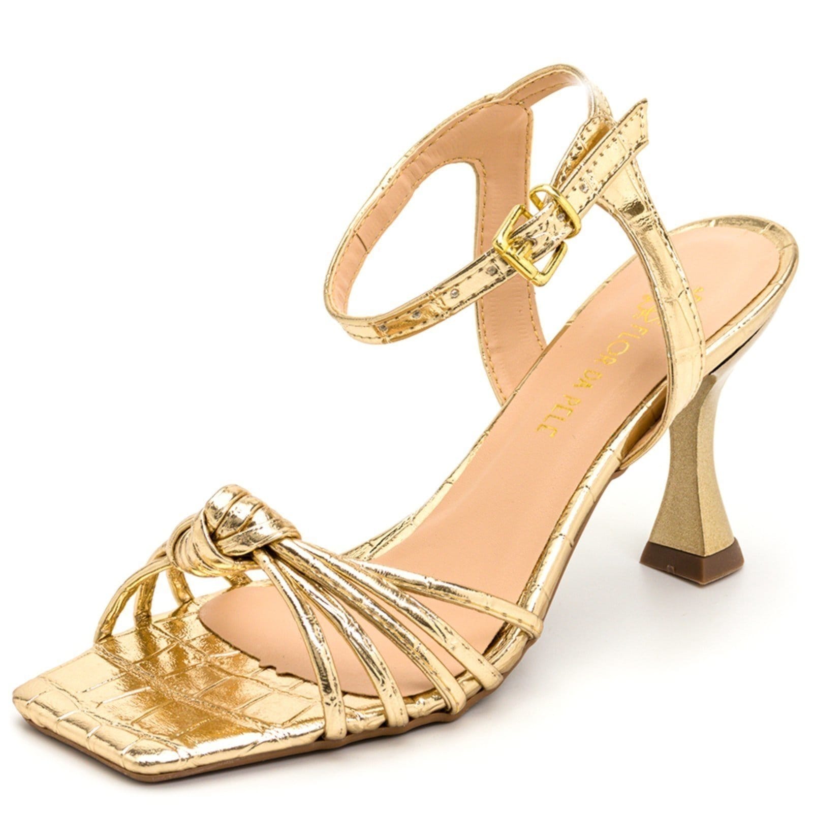 Sandália Feminina Festa Salto Baixo Taça Em Napa Dourada